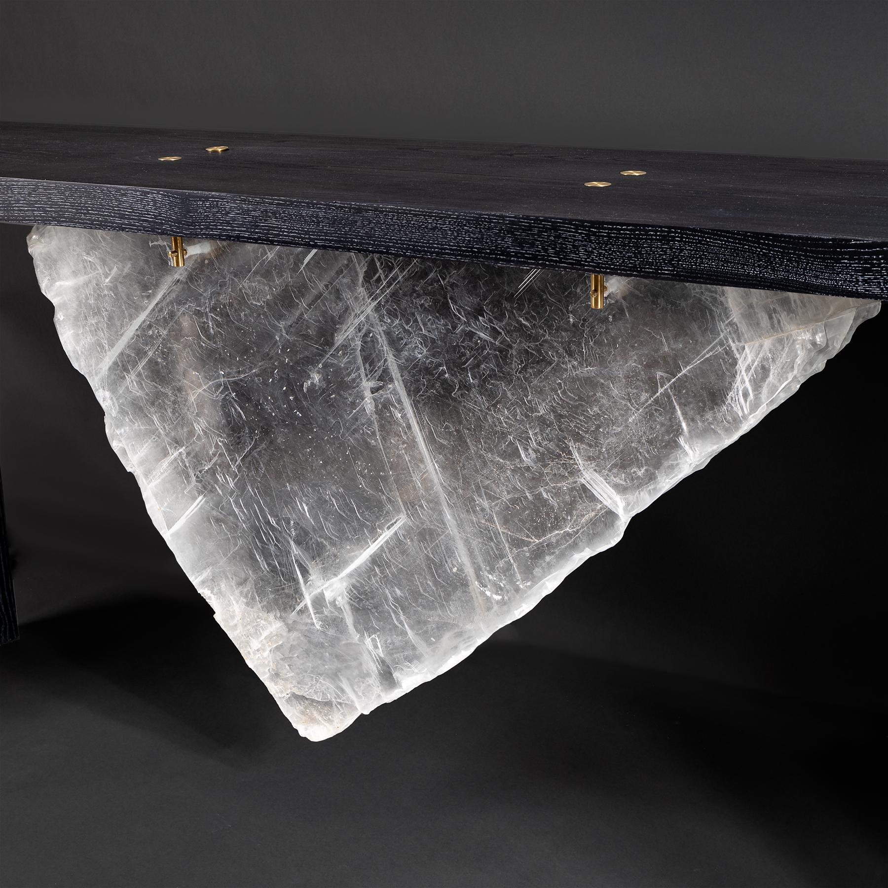 Console, American Solid Ash Inked Wood with Selenite Slab In New Condition For Sale In Polanco, CDMX