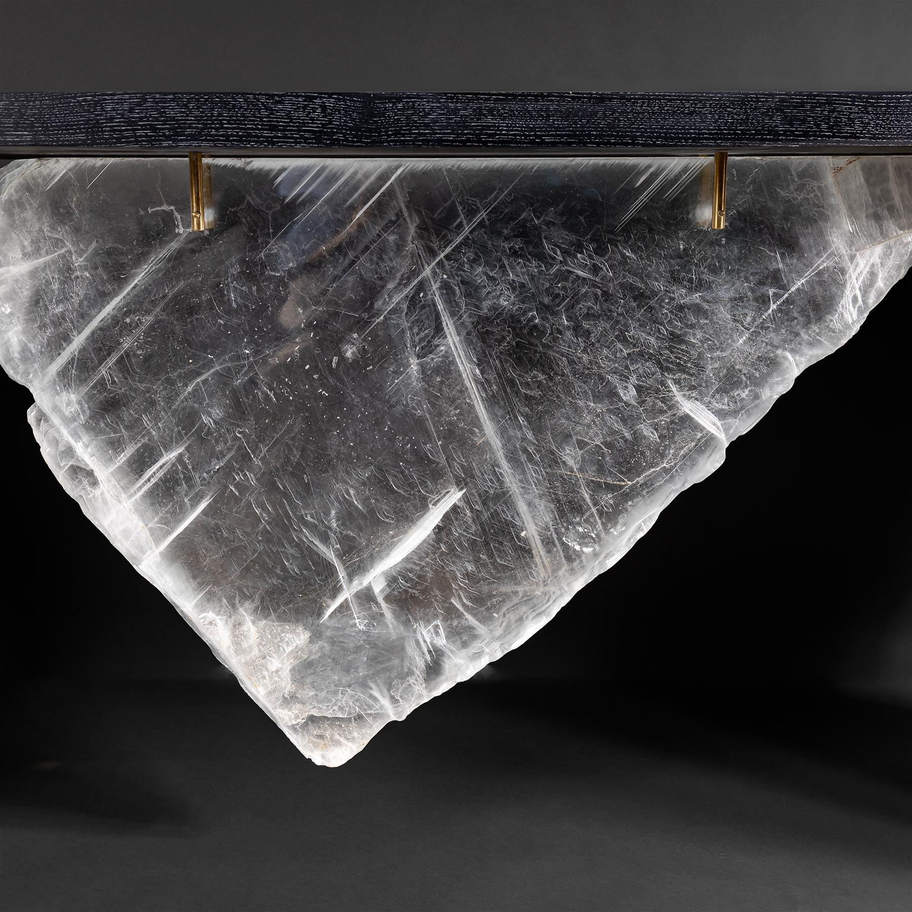 Contemporary Console, American Solid Ash Inked Wood with Selenite Slab For Sale