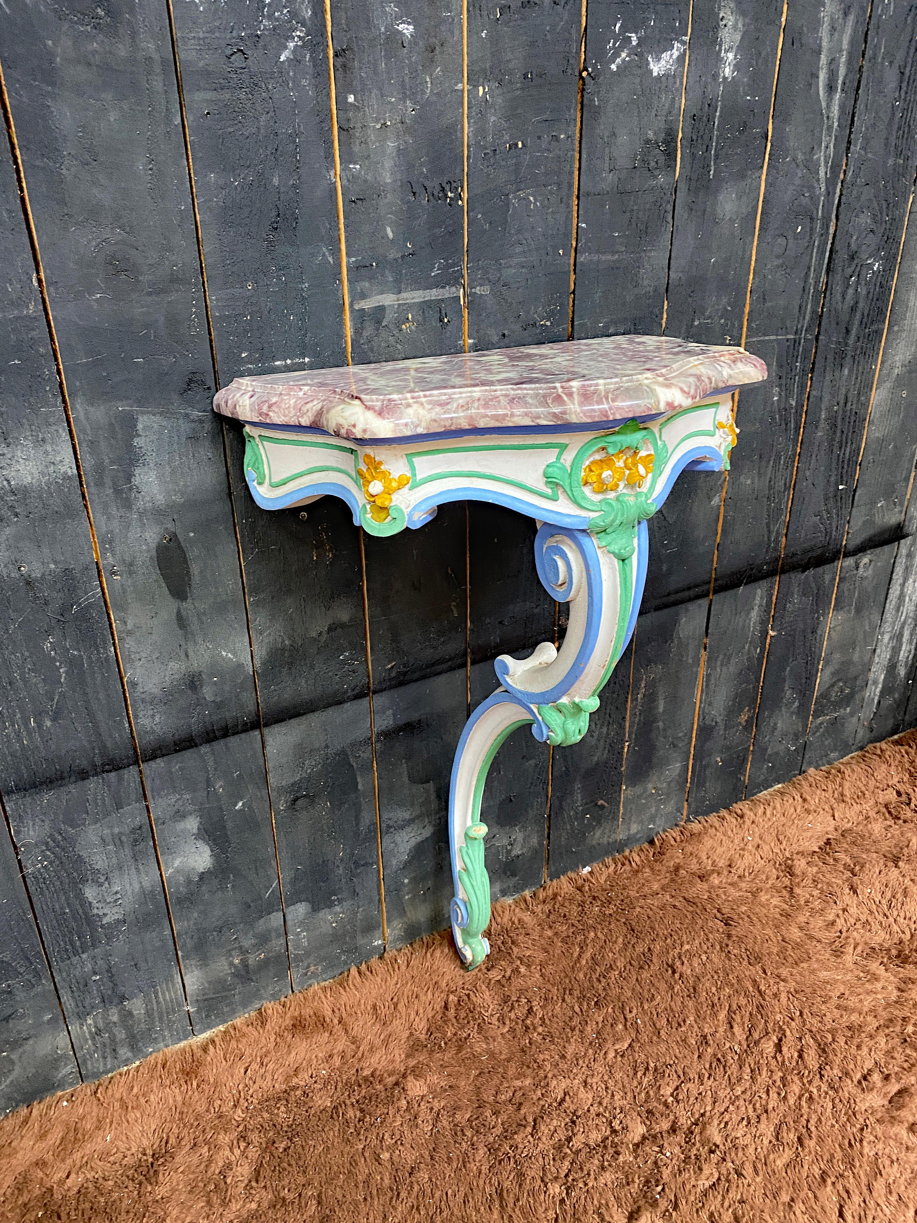 Luigi XV console e il suo specchio del XIX secolo in legno patinato e marmo del 1880 circa in vendita