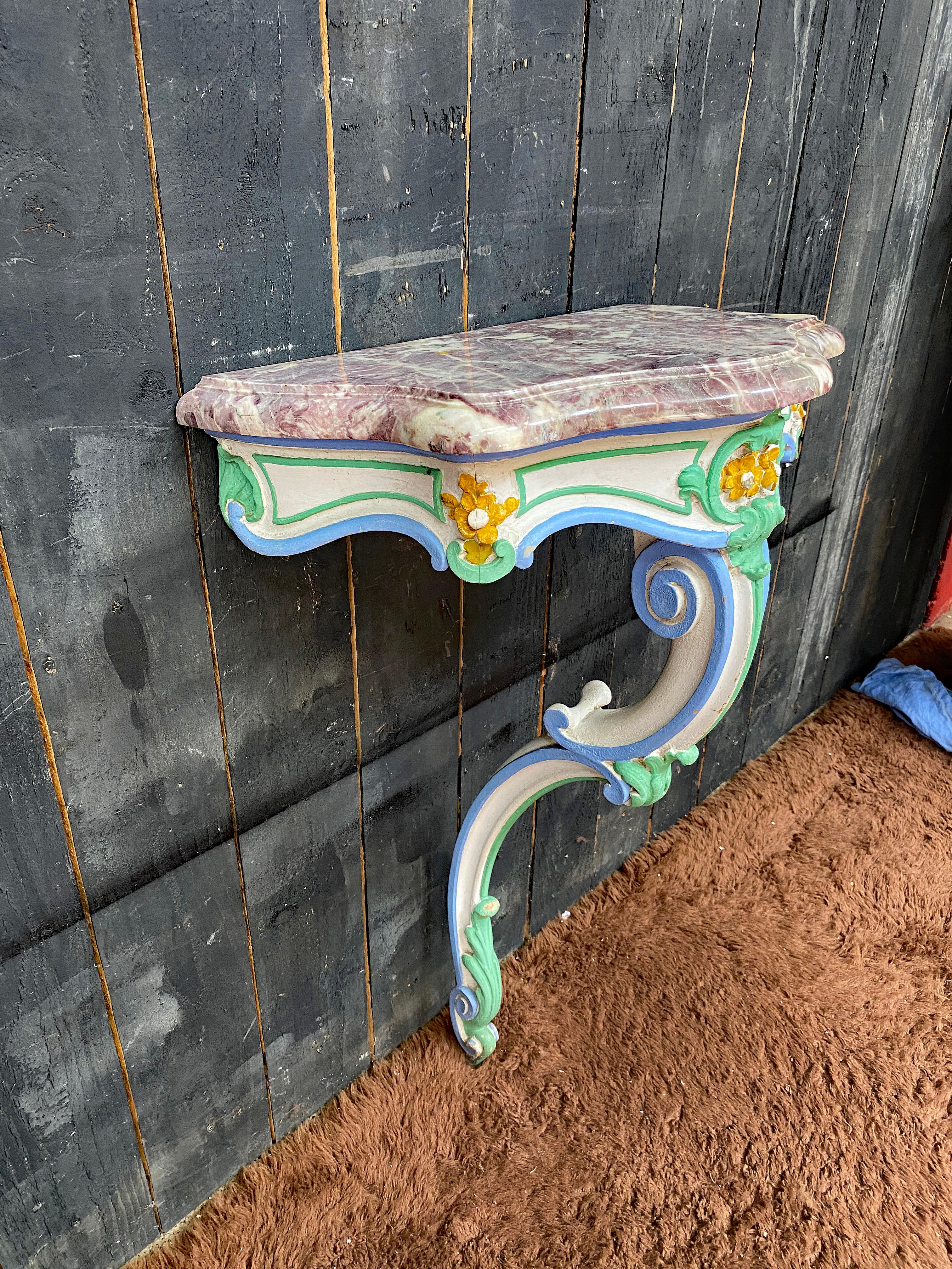 Dipinto a mano console e il suo specchio del XIX secolo in legno patinato e marmo del 1880 circa in vendita