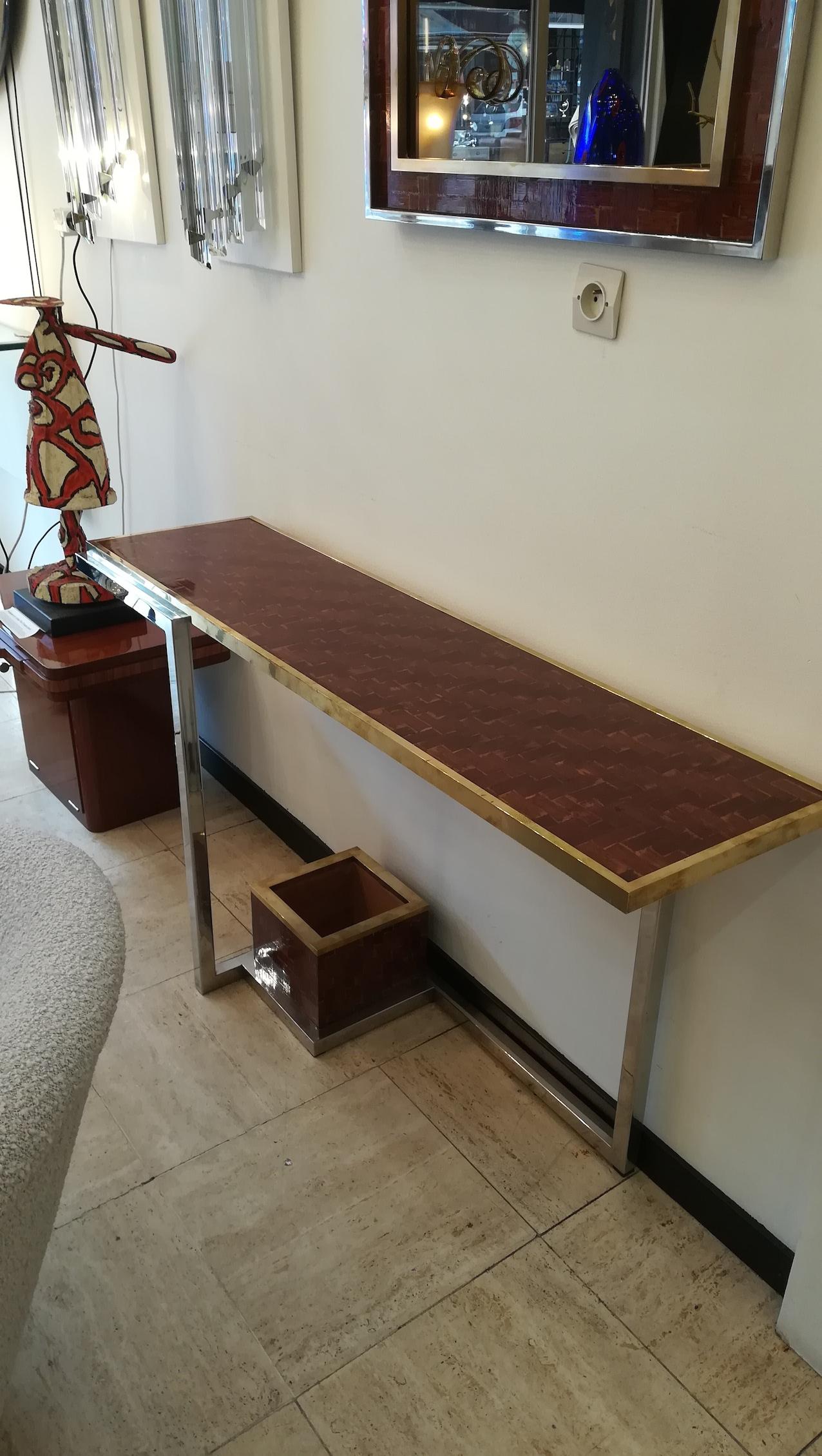 Mid-Century Modern Console and Mirror, 1970, Bamboo, Brass and Chromium Steel For Sale