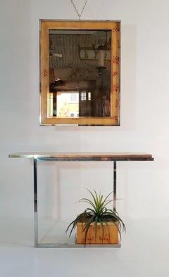 Console and Mirror in Burl Wood, Chrome and Brass