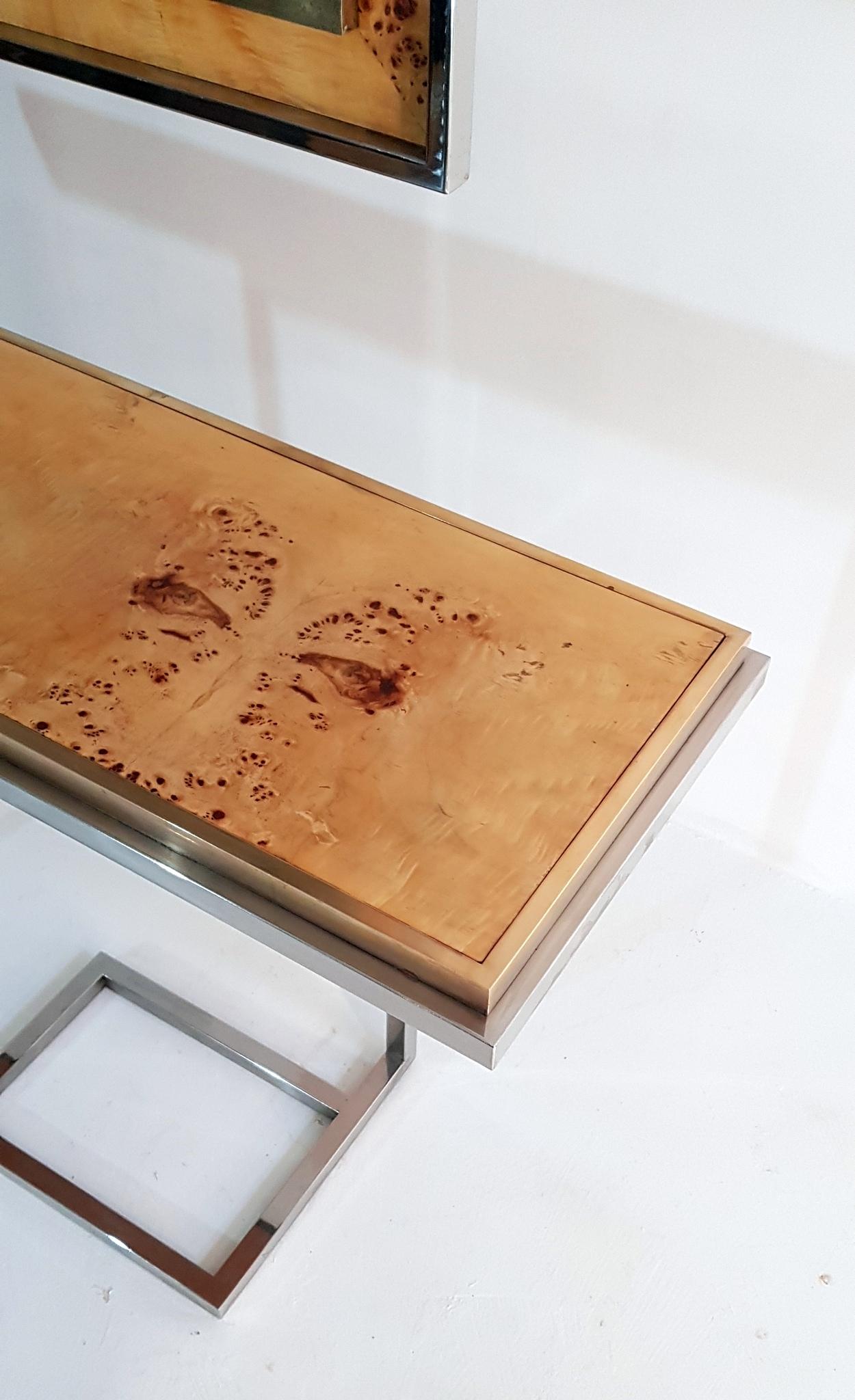 20th Century Console and Mirror in Burl Wood, Chrome and Brass