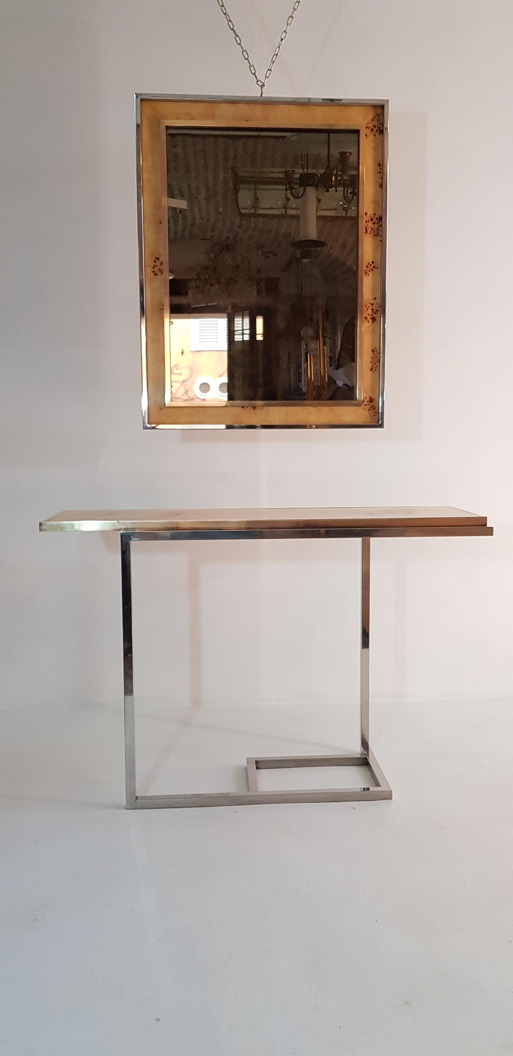 Console and Mirror in Burl Wood, Chrome and Brass 1