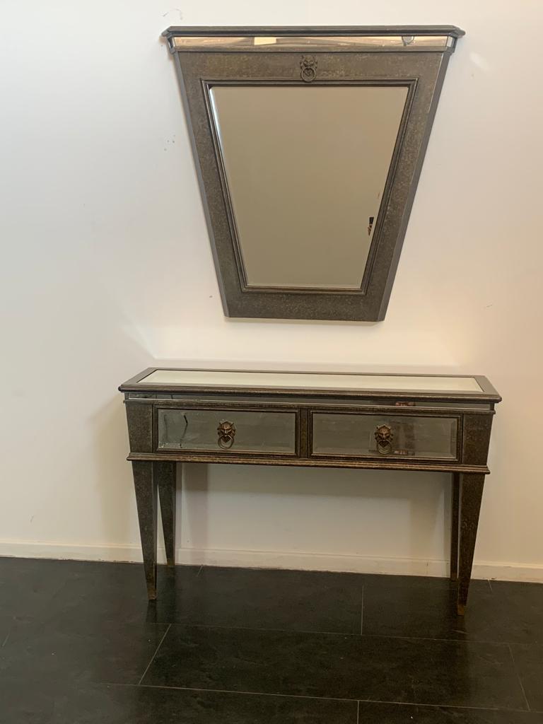 American Console and Mirror with Metal Leaf and Bronze Details, 1990s, Set of 2 For Sale