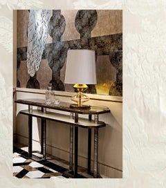 Konsole aus Bronze, Messing, Bronze-Blattgold-Glas mit blattförmigem Mosaikeinsatz und LED unter der Platte