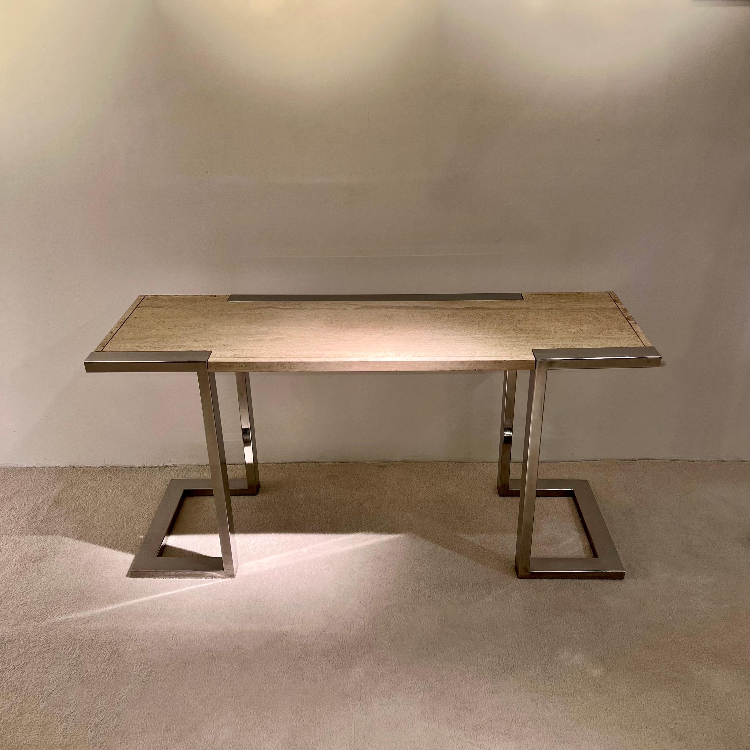 Console by Italian designer Alfredo Freda for Cittone Oggi, with a travertine top on a chromed metal structure, signed on the base.