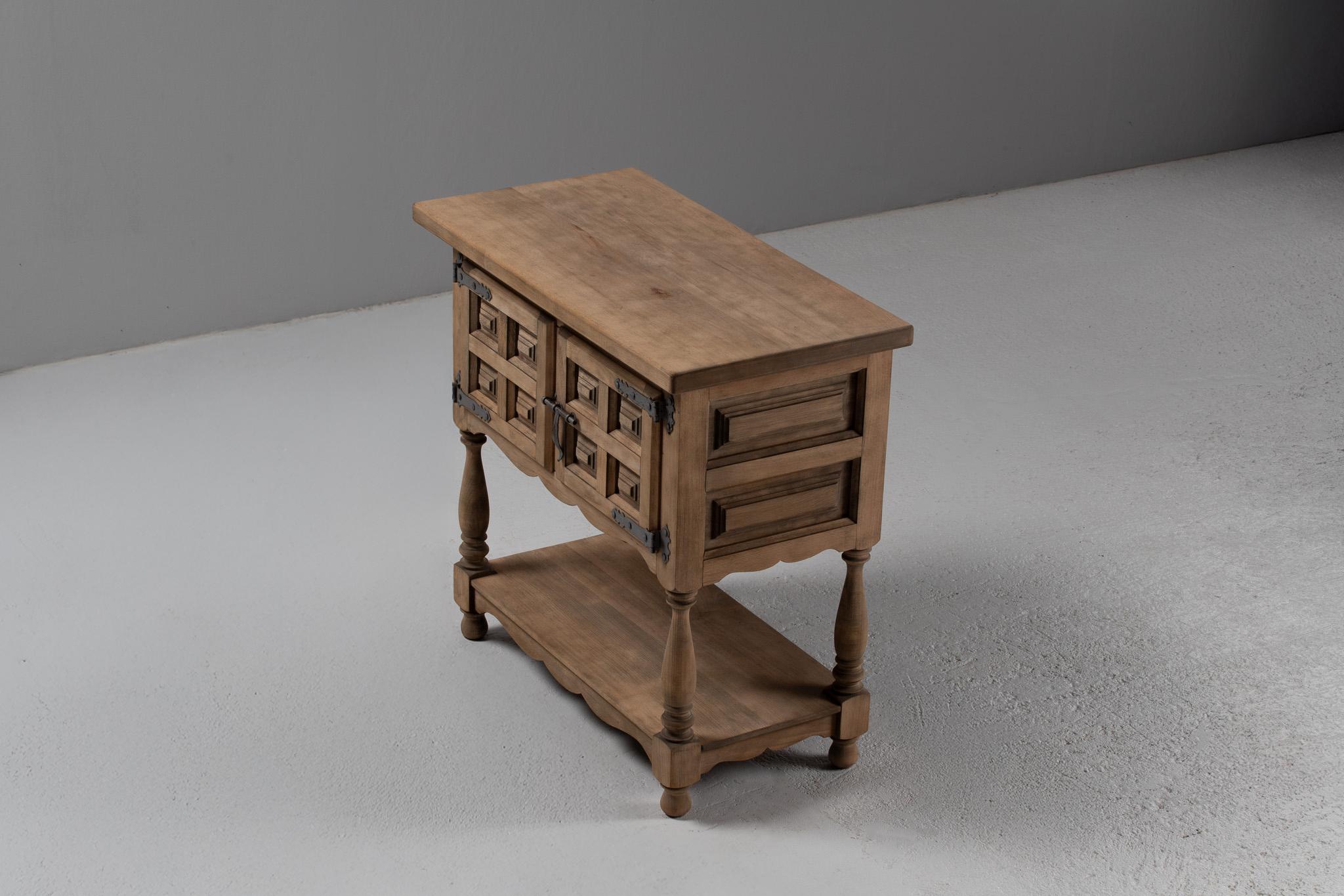 Oak Console Cabinet in Carved Elm with Turned Legs and Iron Latch, Spain, 1940s For Sale