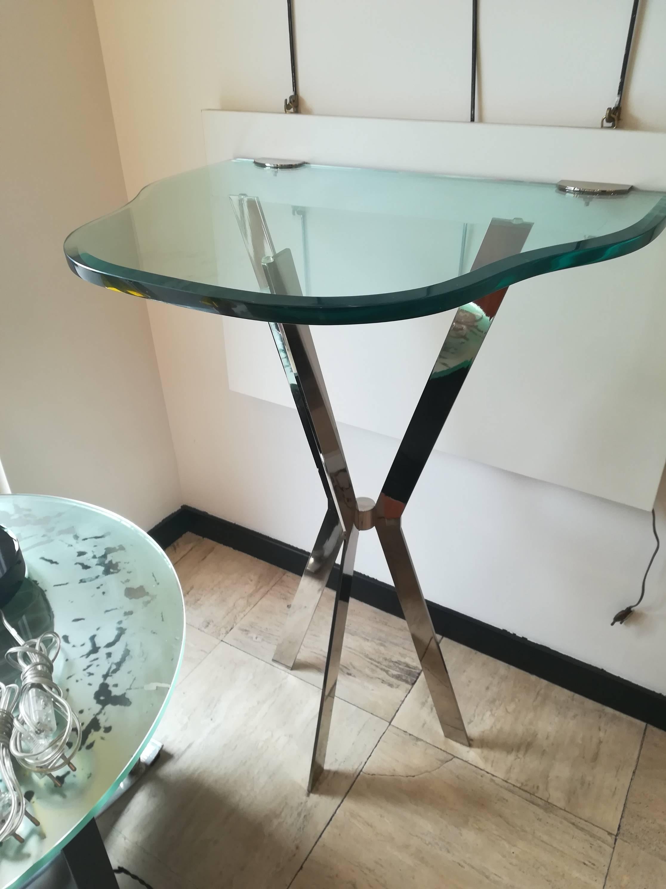 Modern Console Chrome and Thick Glass, circa 1970 For Sale