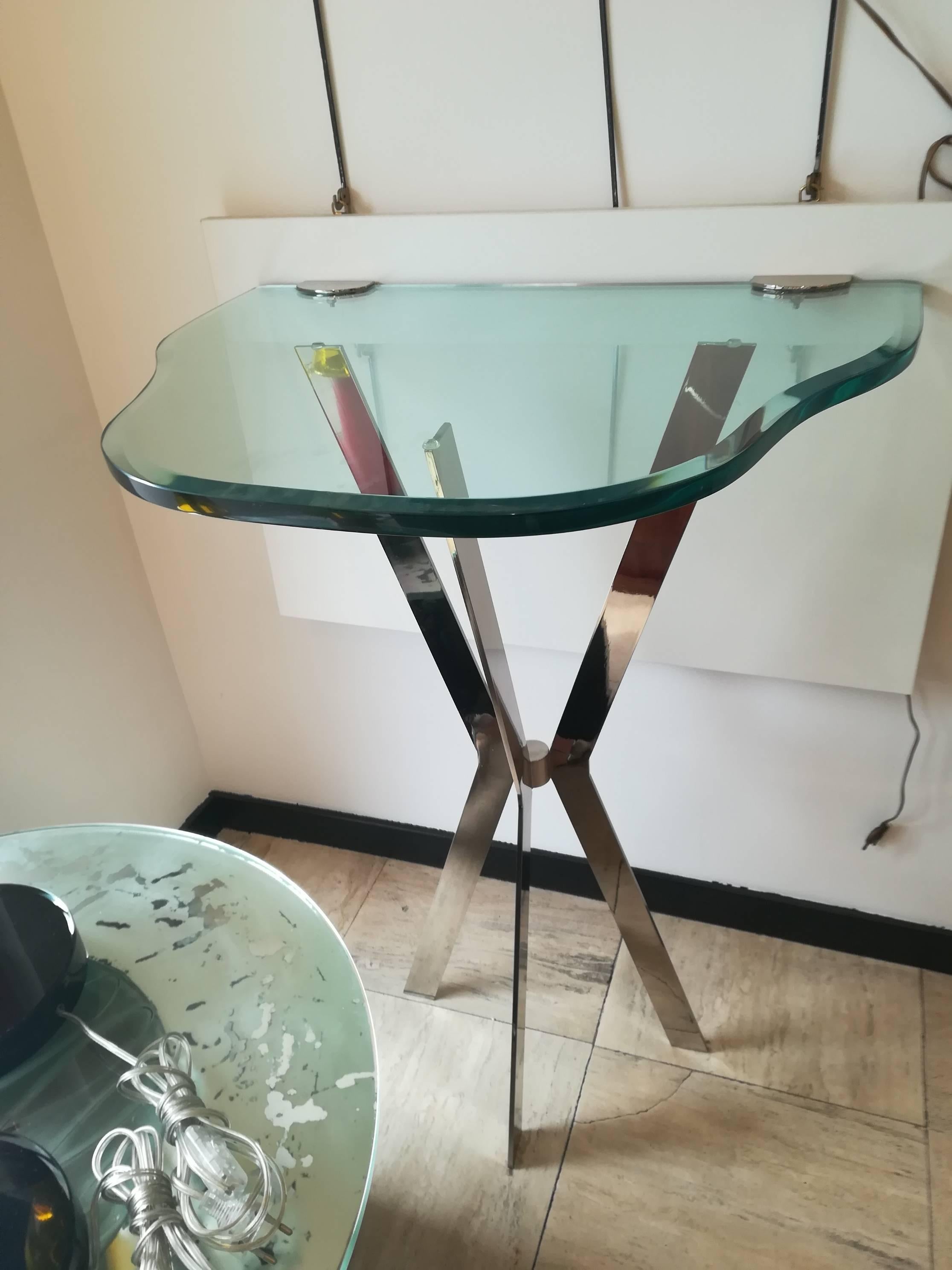 French Console Chrome and Thick Glass, circa 1970 For Sale