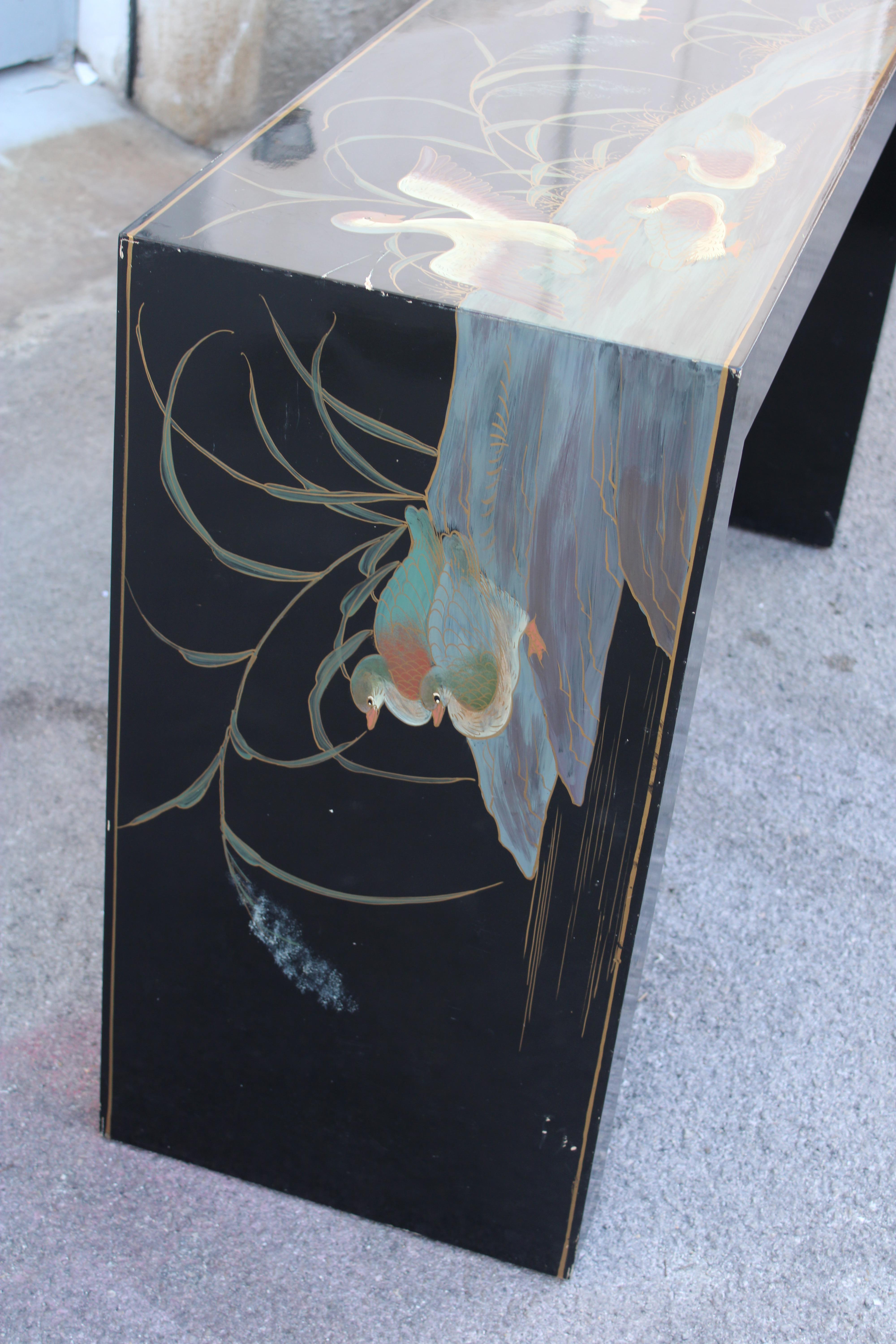 Console décorative en laque chinoise avec plantes et anare vert 1970 en vente 4