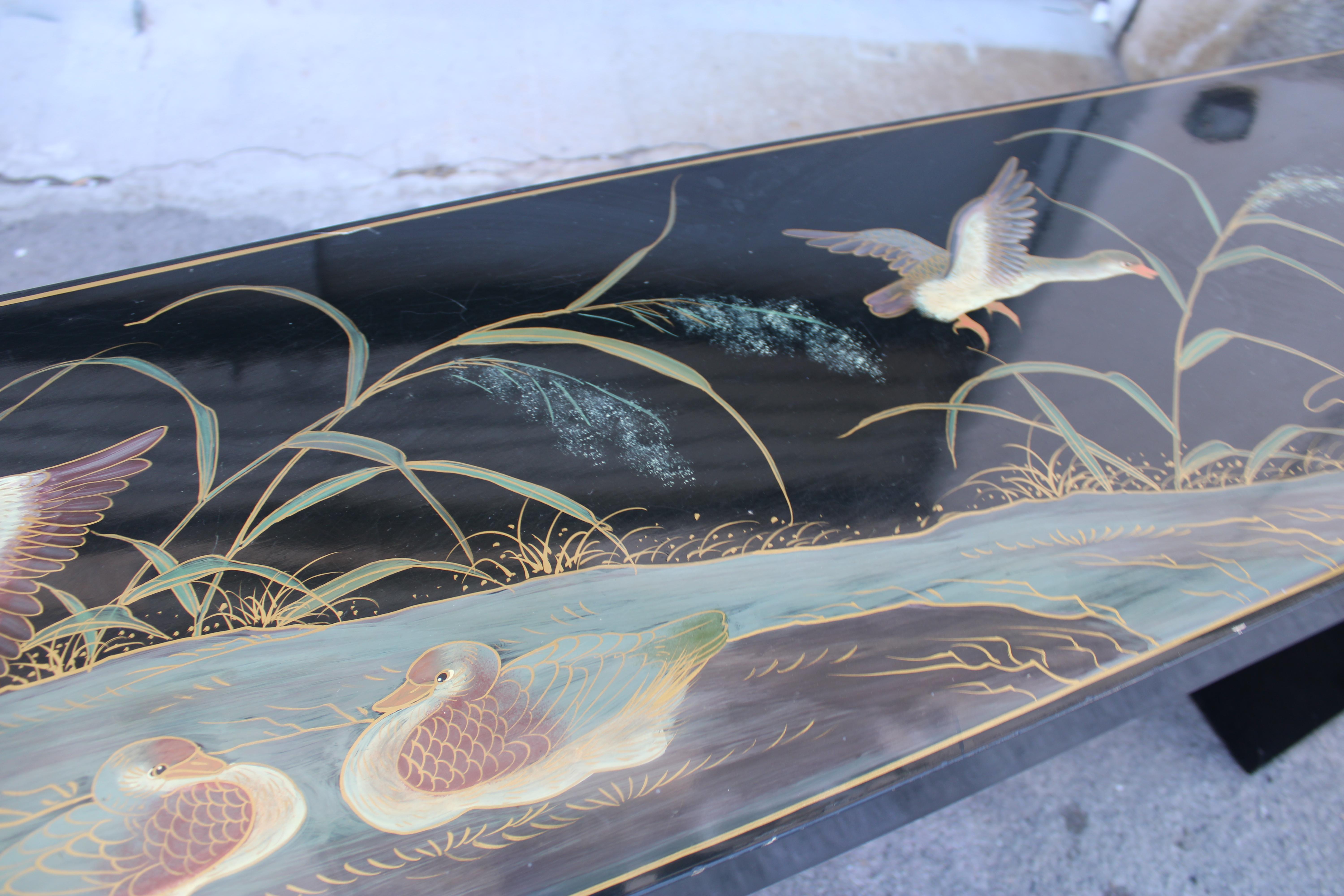 Console décorative en laque chinoise avec plantes et anare vert 1970 en vente 7