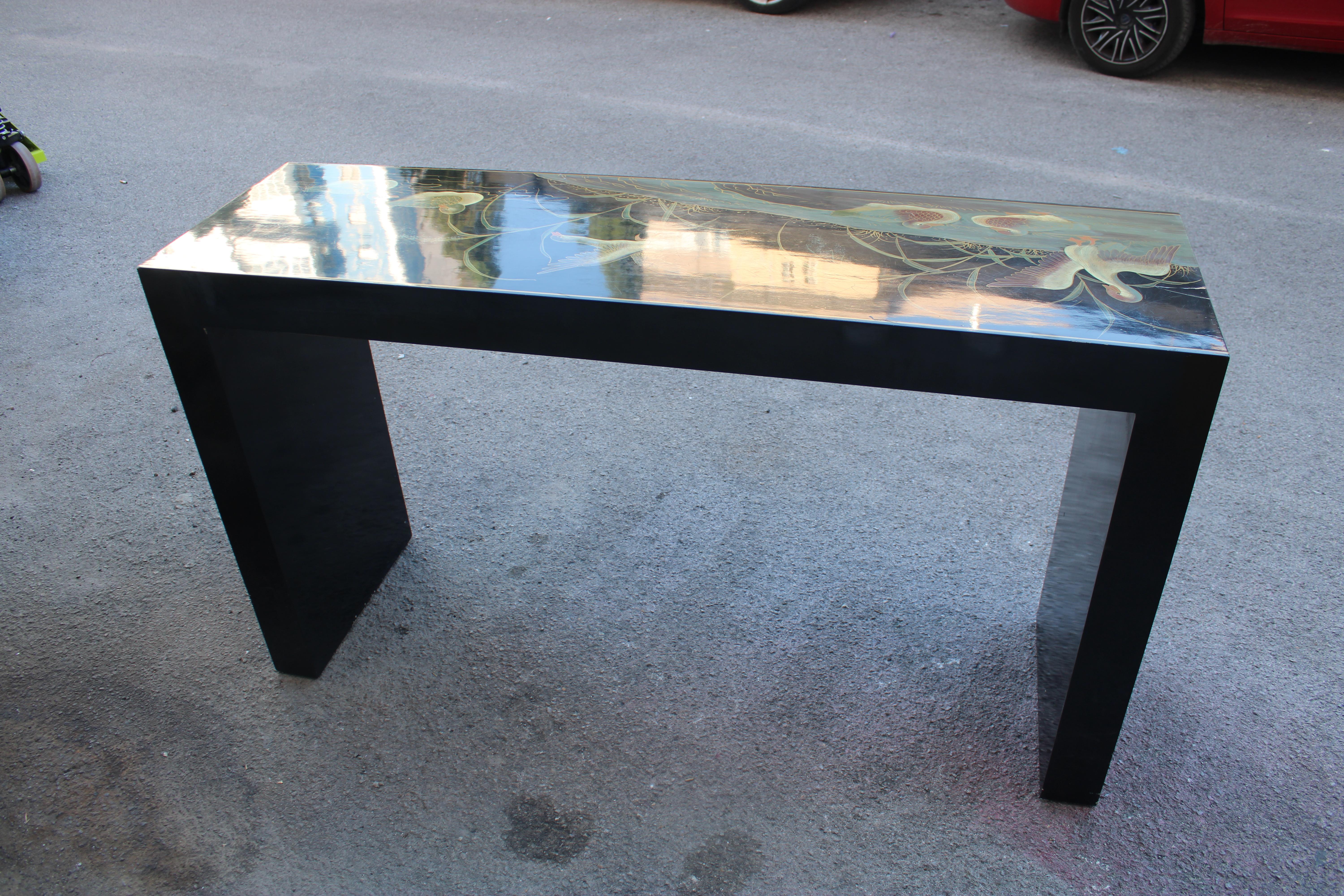 Console décorative en laque chinoise avec plantes et anare vert 1970 en vente 8