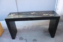 Chinese Lacquer Decorative Console with Plants and Anare green color 1970s