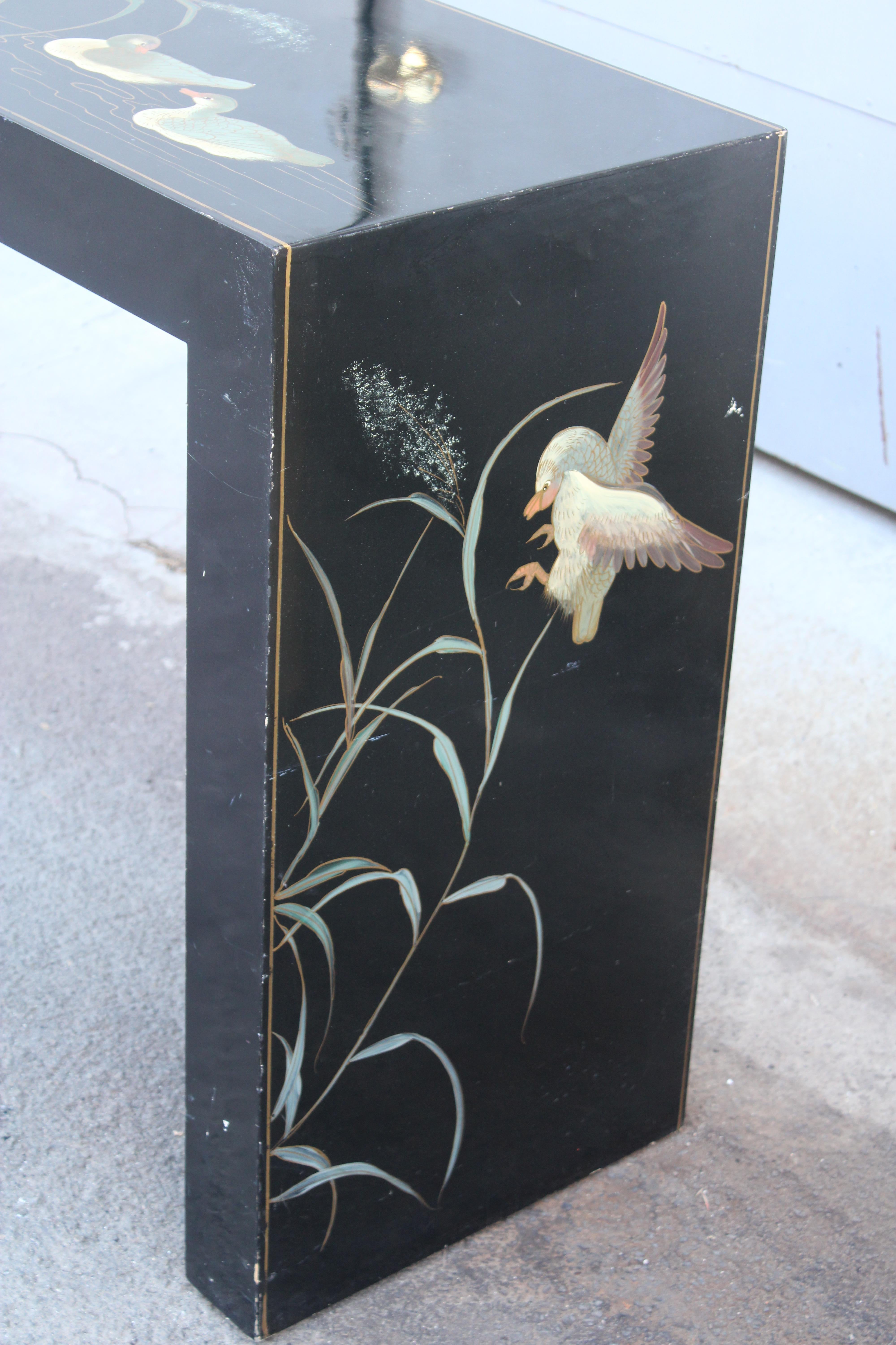 Console décorative en laque chinoise avec plantes et anare vert 1970 Bon état - En vente à Palermo, Sicily