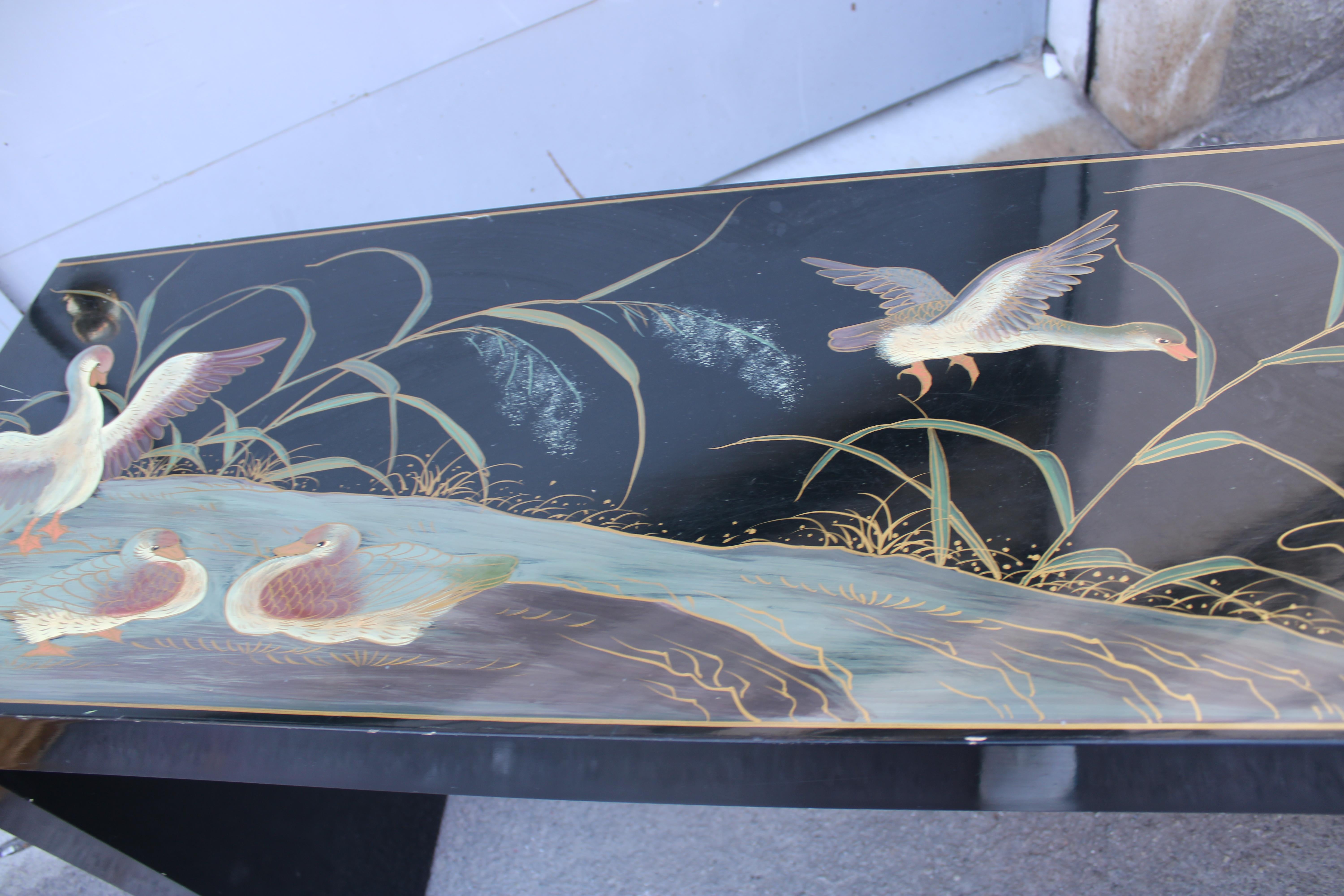 Console décorative en laque chinoise avec plantes et anare vert 1970 en vente 2
