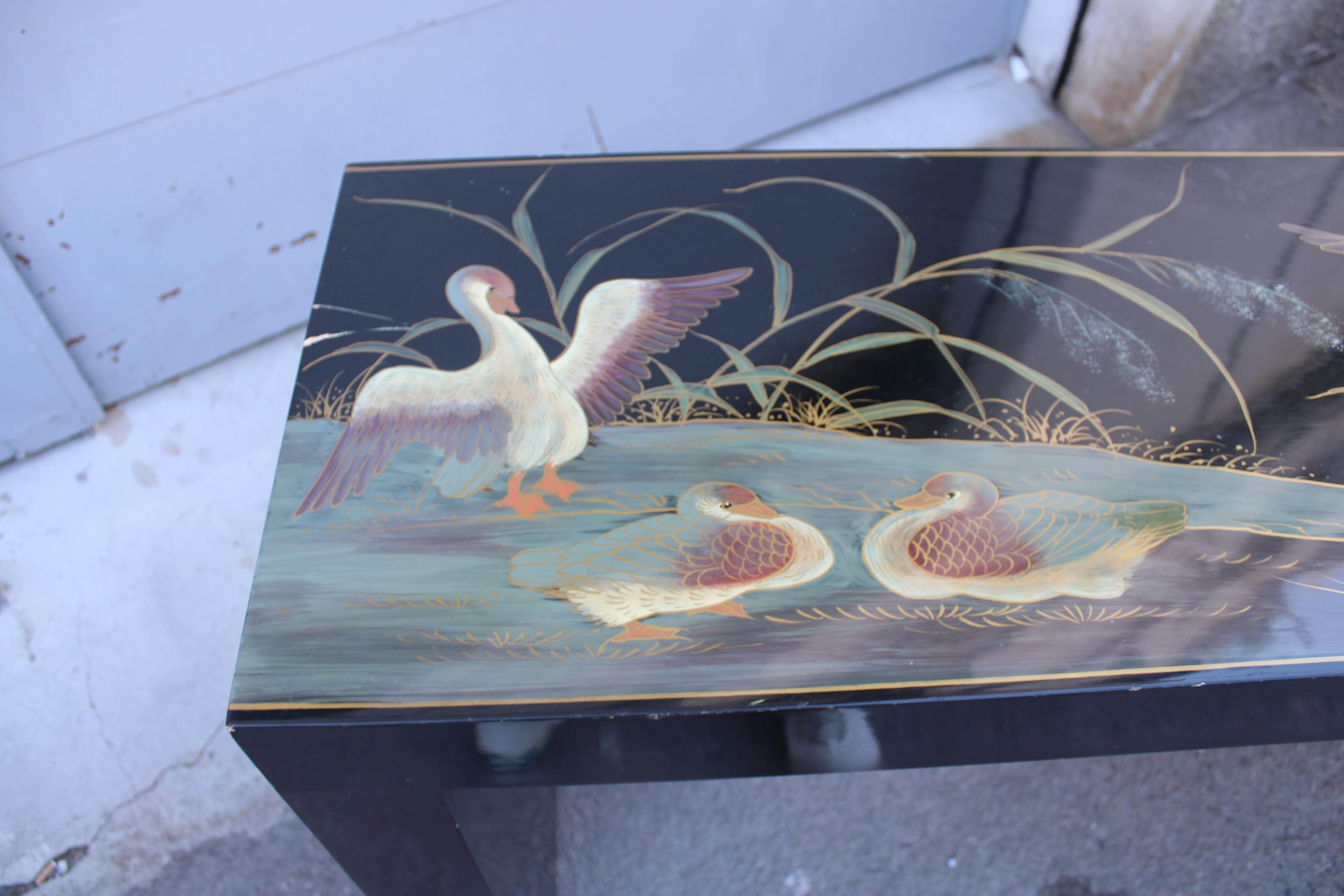 Console décorative en laque chinoise avec plantes et anare vert 1970 en vente 3