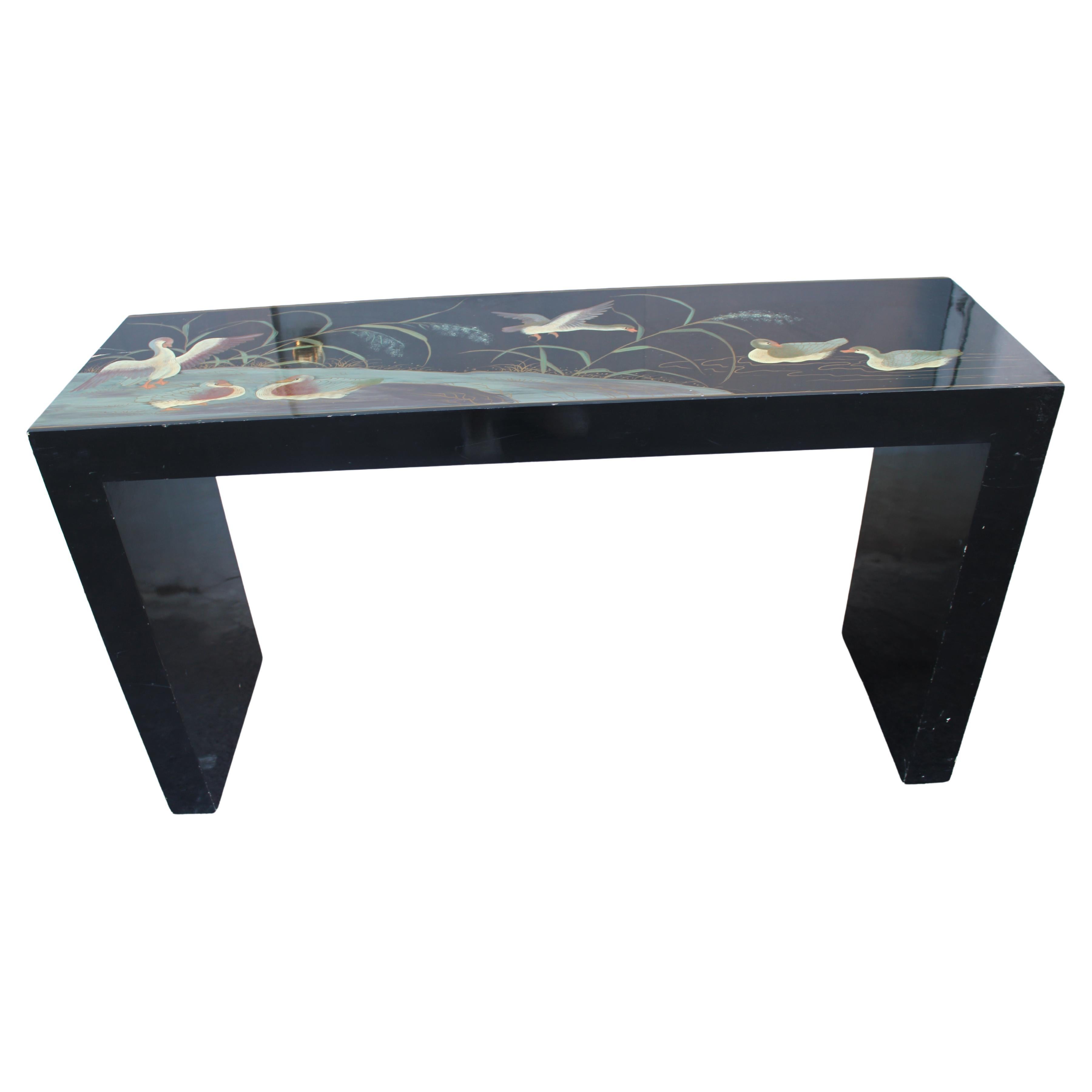 Console décorative en laque chinoise avec plantes et anare vert 1970 en vente