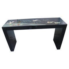 Console Decorativa in Lacca Cinese con piante e Anare colore verde 1970