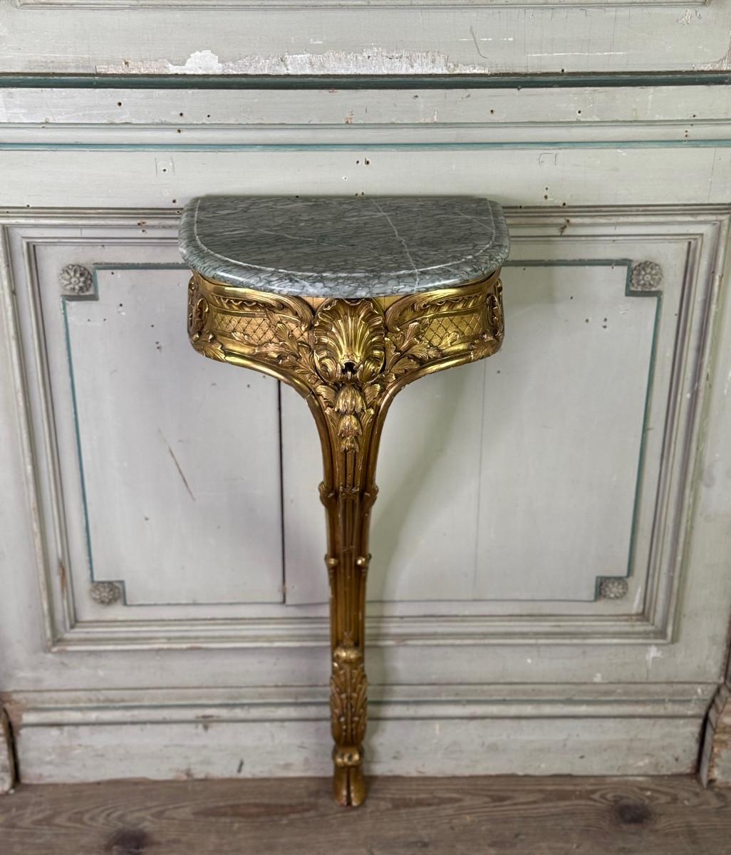 Console D'entre-deux, Louis XV style carved and gilded wood, circa 1900, Campan green marble