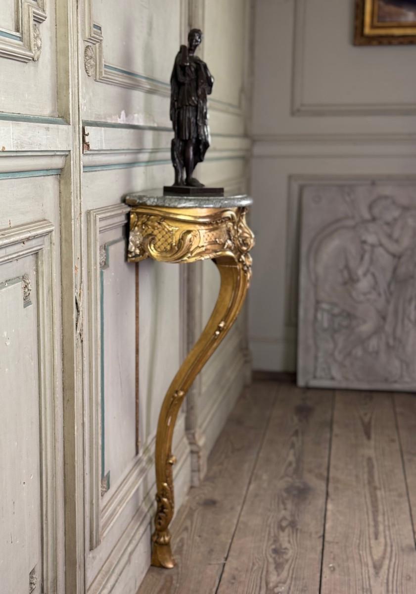 French Console D'entre-deux, Louis XV style carved and gilded wood, circa 1900 For Sale