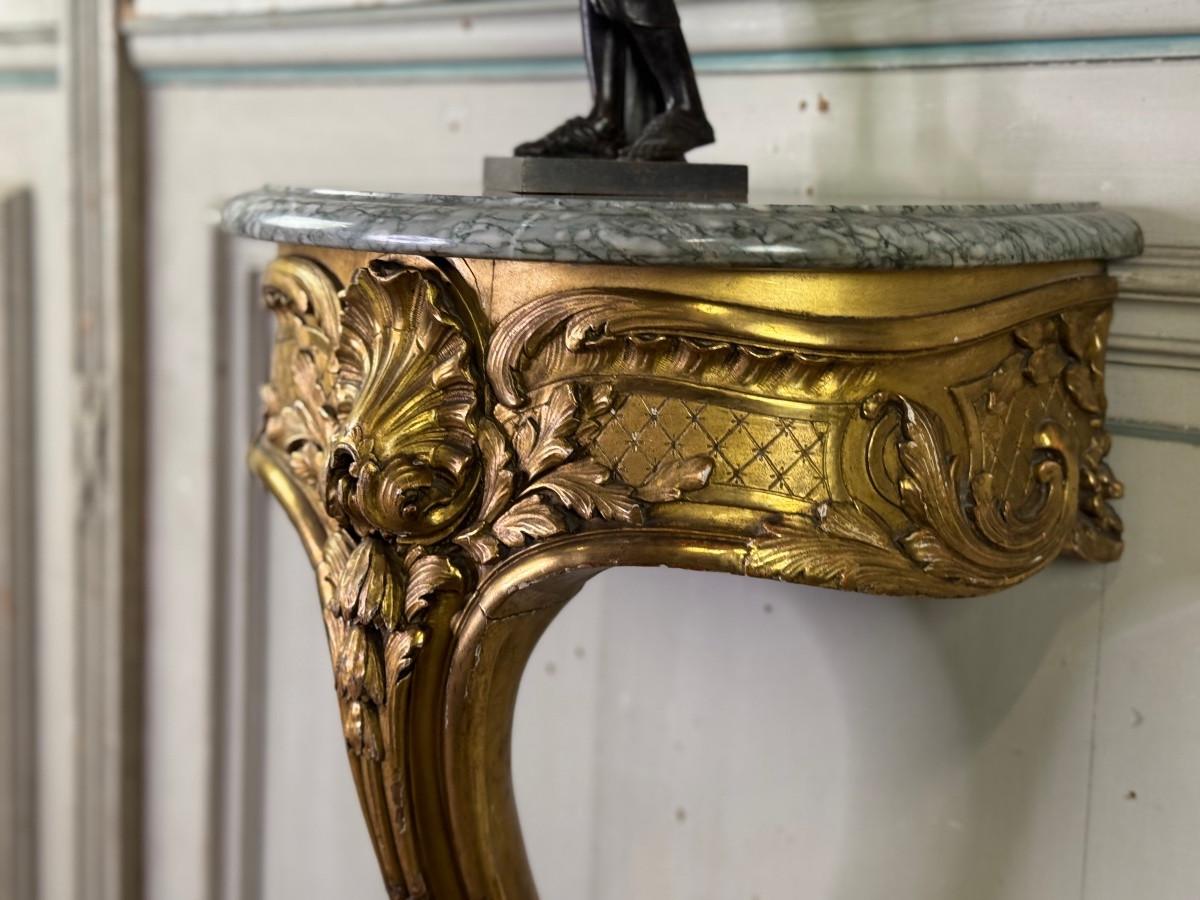 Wood Console D'entre-deux, Louis XV style carved and gilded wood, circa 1900 For Sale