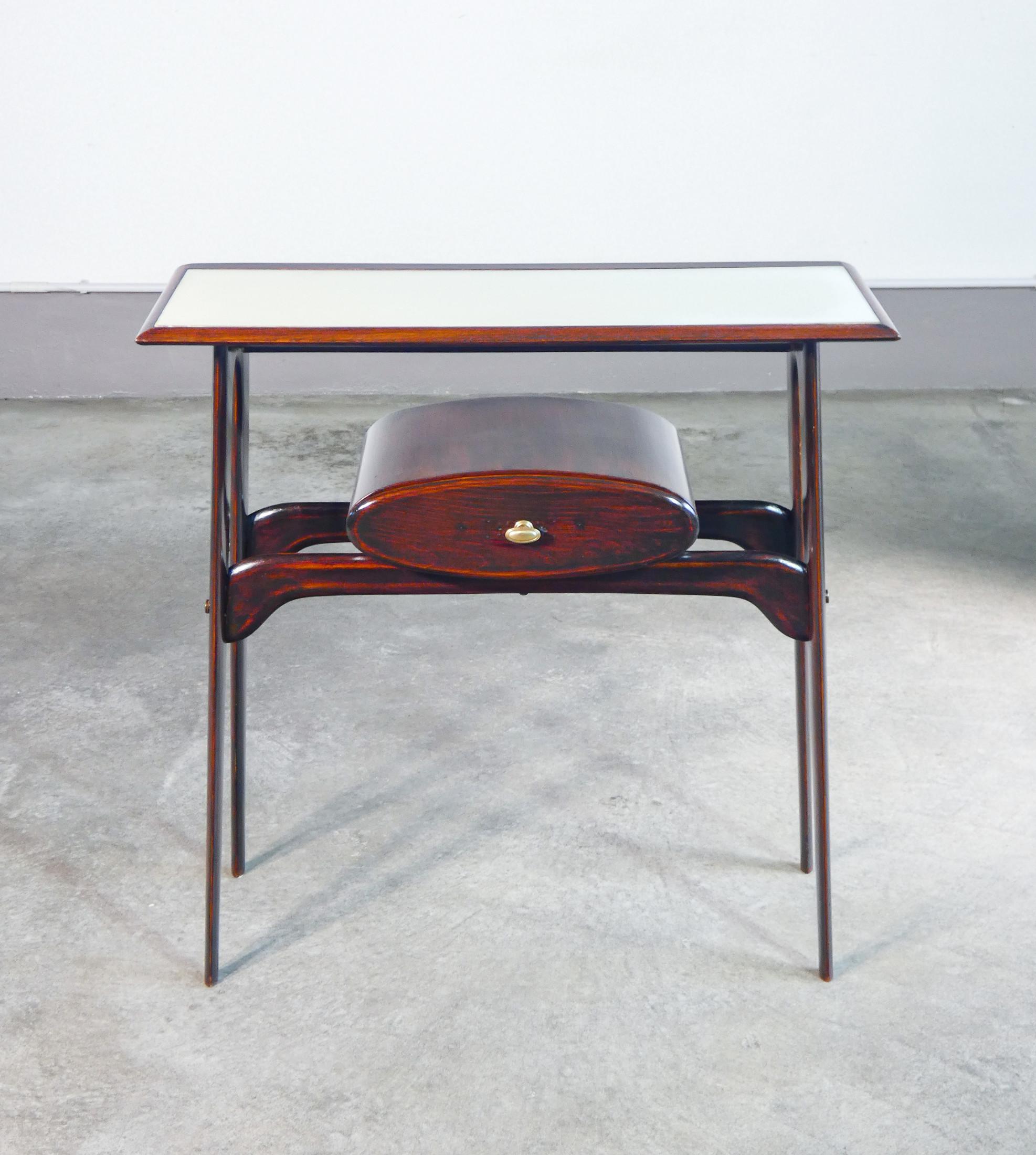 Italian Console, design Ignazio GARDELLA in legno, cassetto e piano in vetro. Anni 50 For Sale