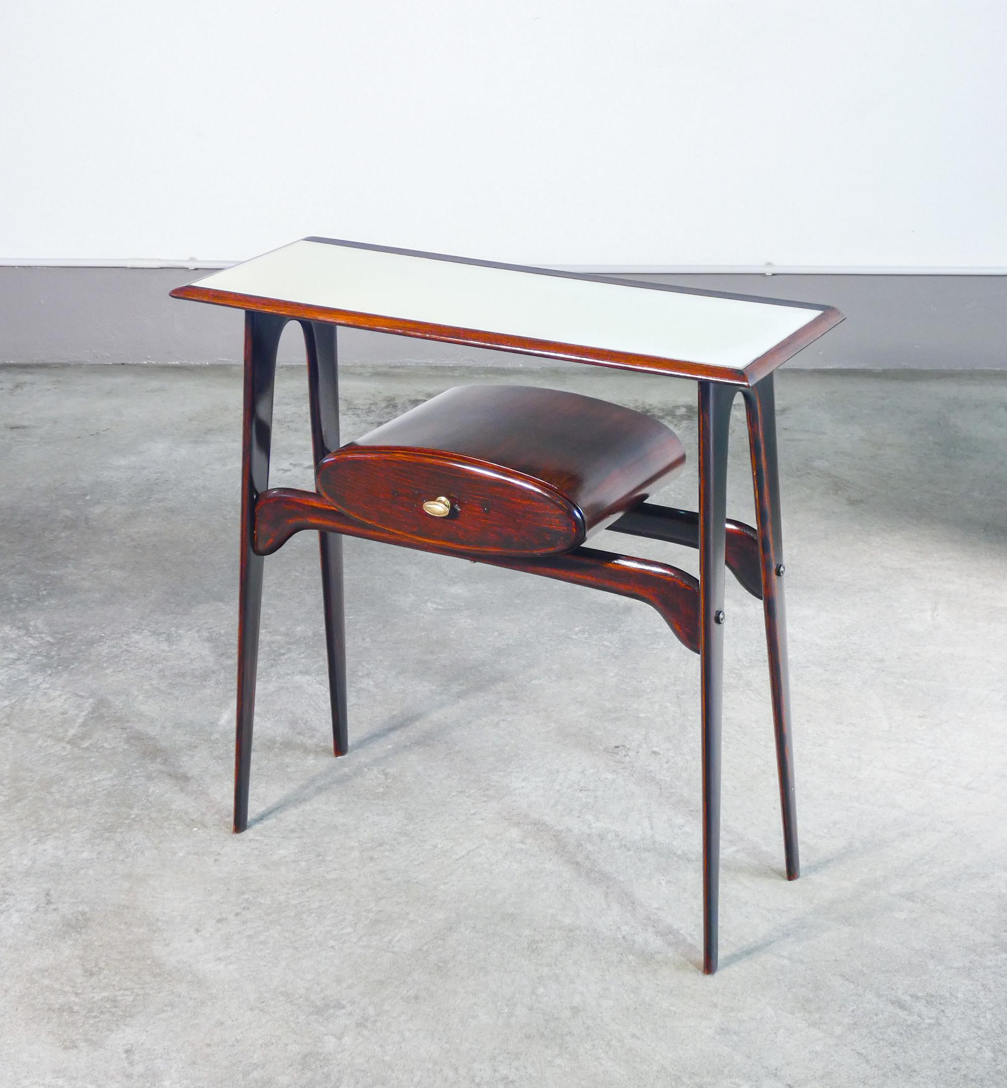 Mid-20th Century Console, design Ignazio GARDELLA in legno, cassetto e piano in vetro. Anni 50 For Sale