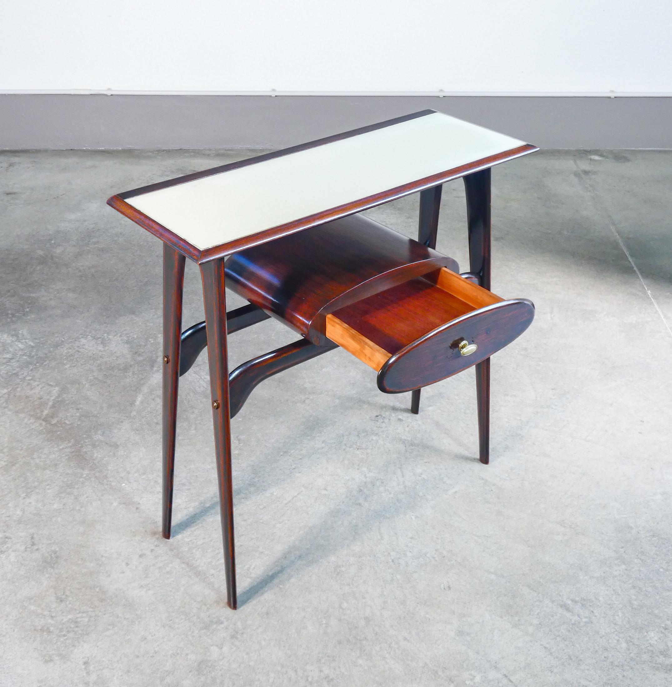Glass Console, design Ignazio GARDELLA in legno, cassetto e piano in vetro. Anni 50 For Sale