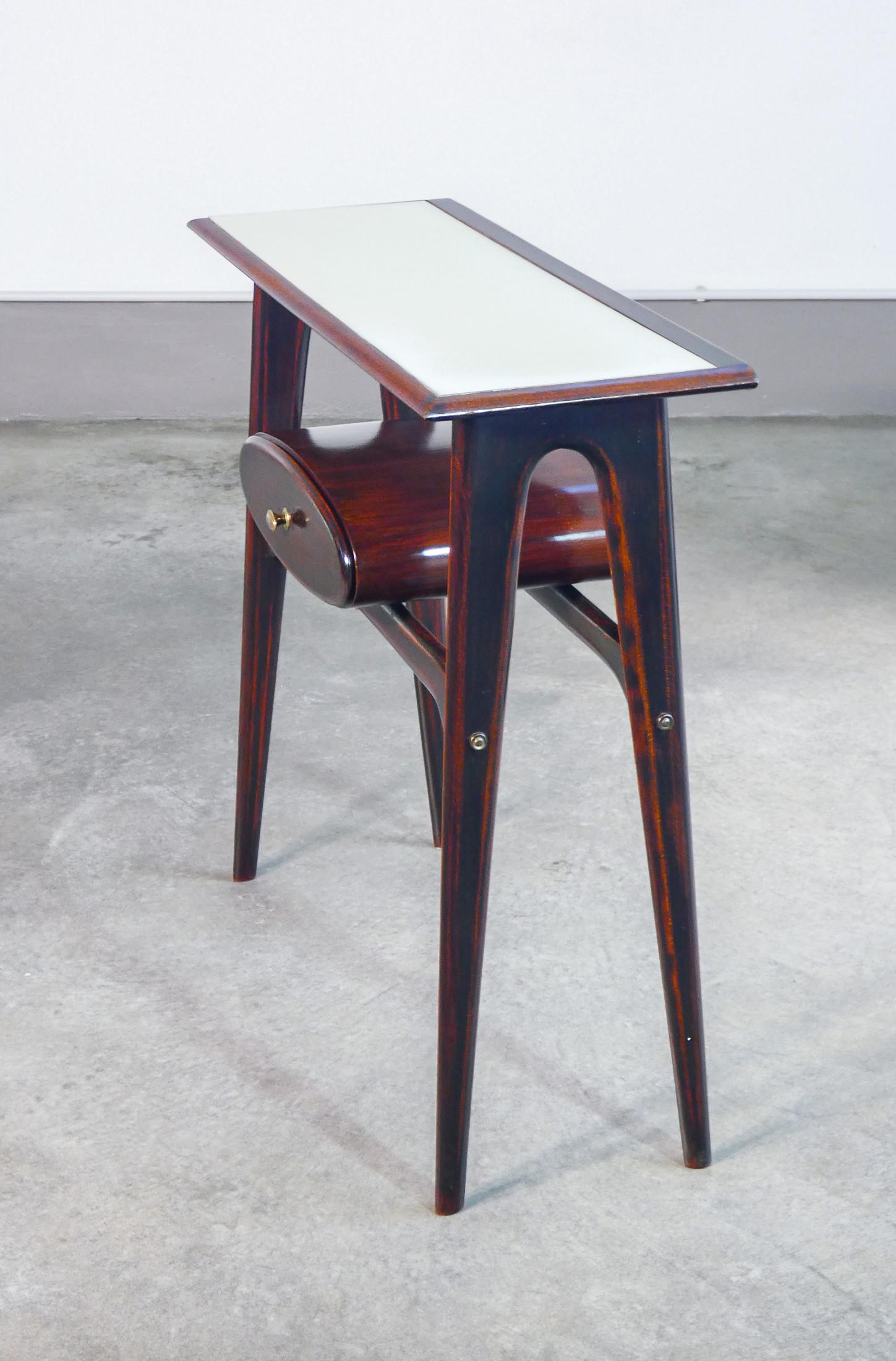 Console, design Ignazio GARDELLA in legno, cassetto e piano in vetro. Anni 50 For Sale 3