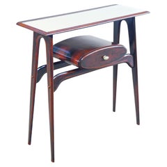 Console, design Ignazio GARDELLA in legno, cassetto e piano in vetro. Anni 50