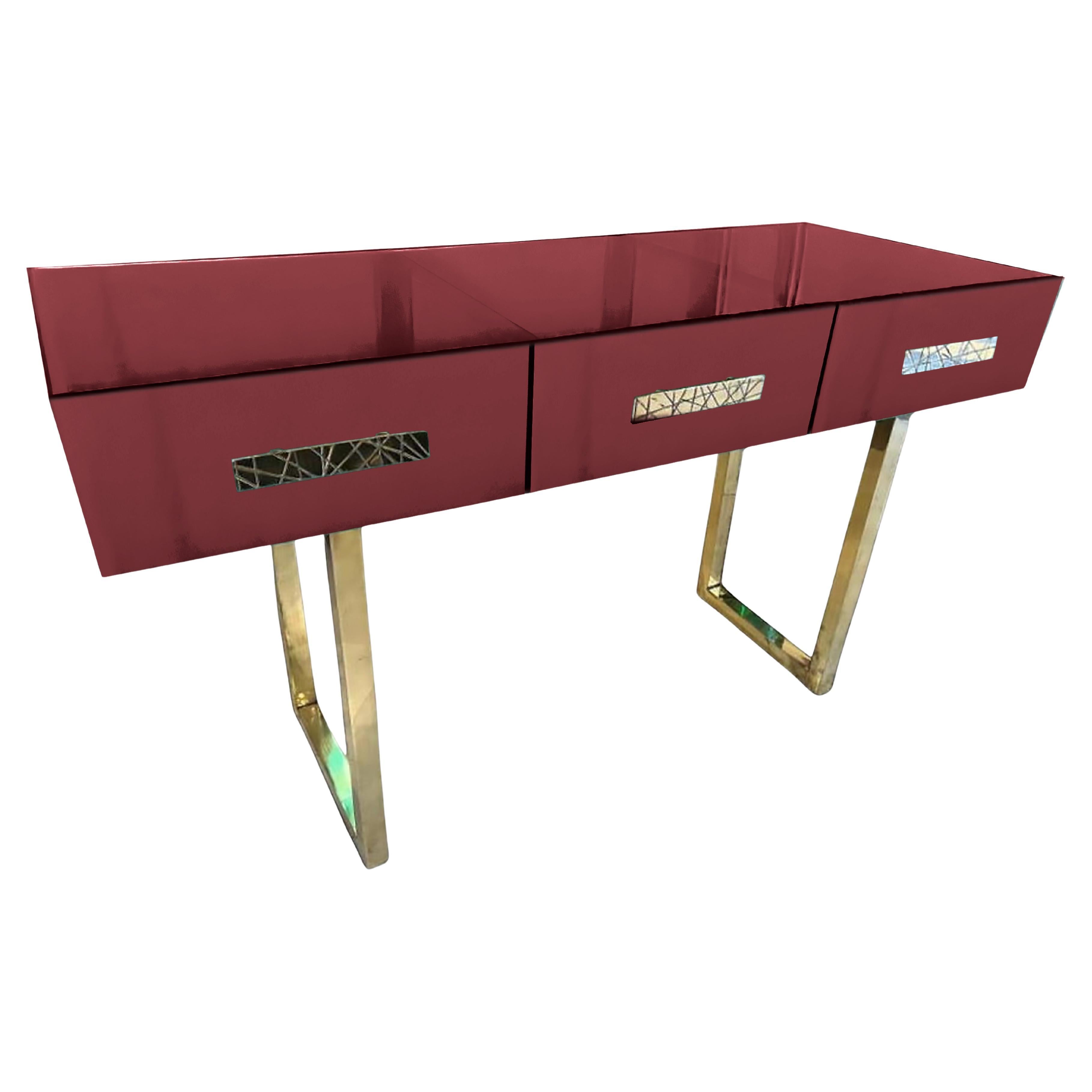 Console for the Living Room, Red Mirror Murano Glass, Brass Handles and Feet
