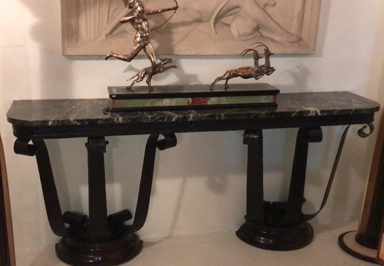 Early 20th Century Console, France, 1920, Art Deco in Iron and Marble Attributed to Raymond Subes For Sale