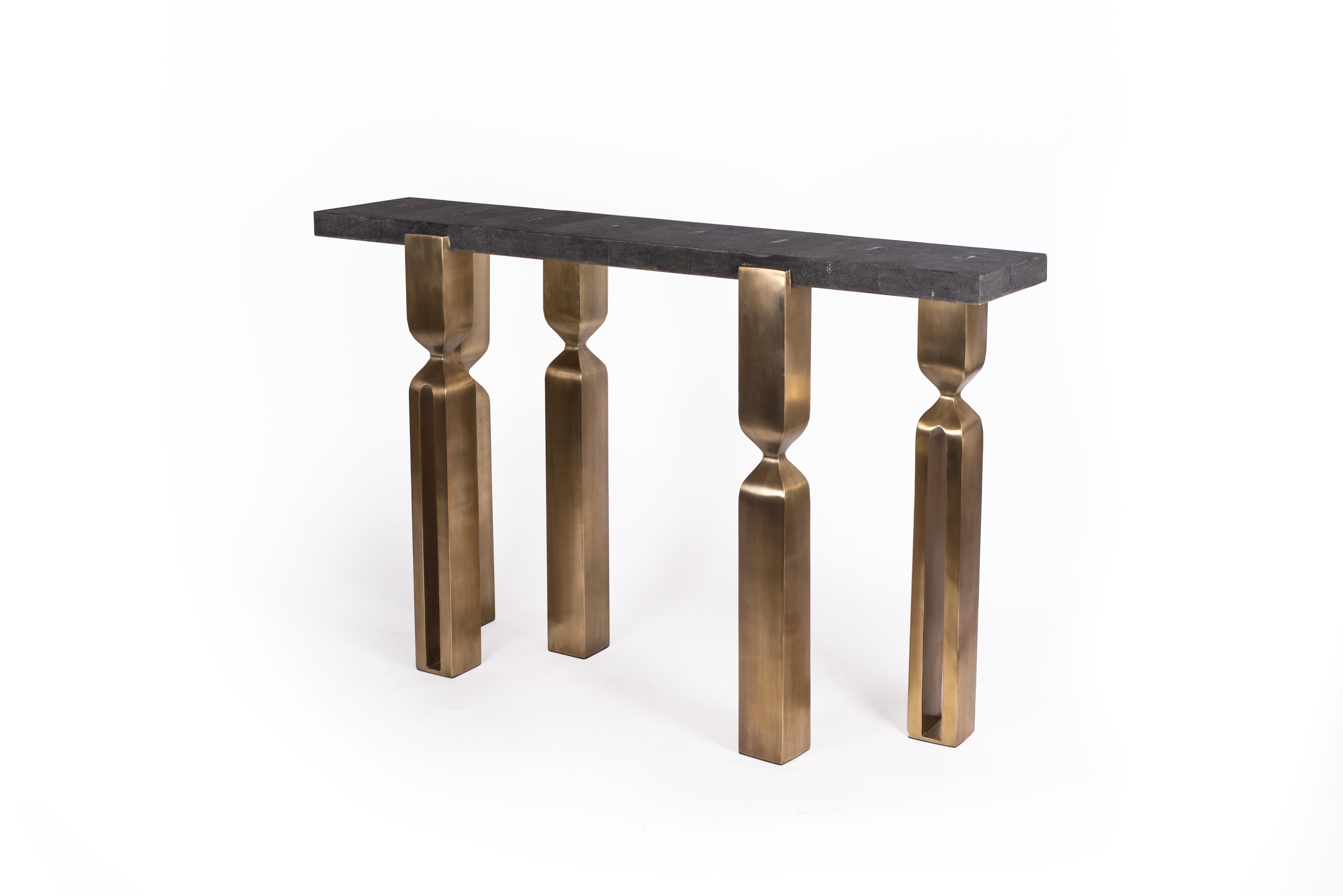 Art Deco Console in Coal Black Shagreen and Bronze-Patina Brass by Kifu Paris For Sale