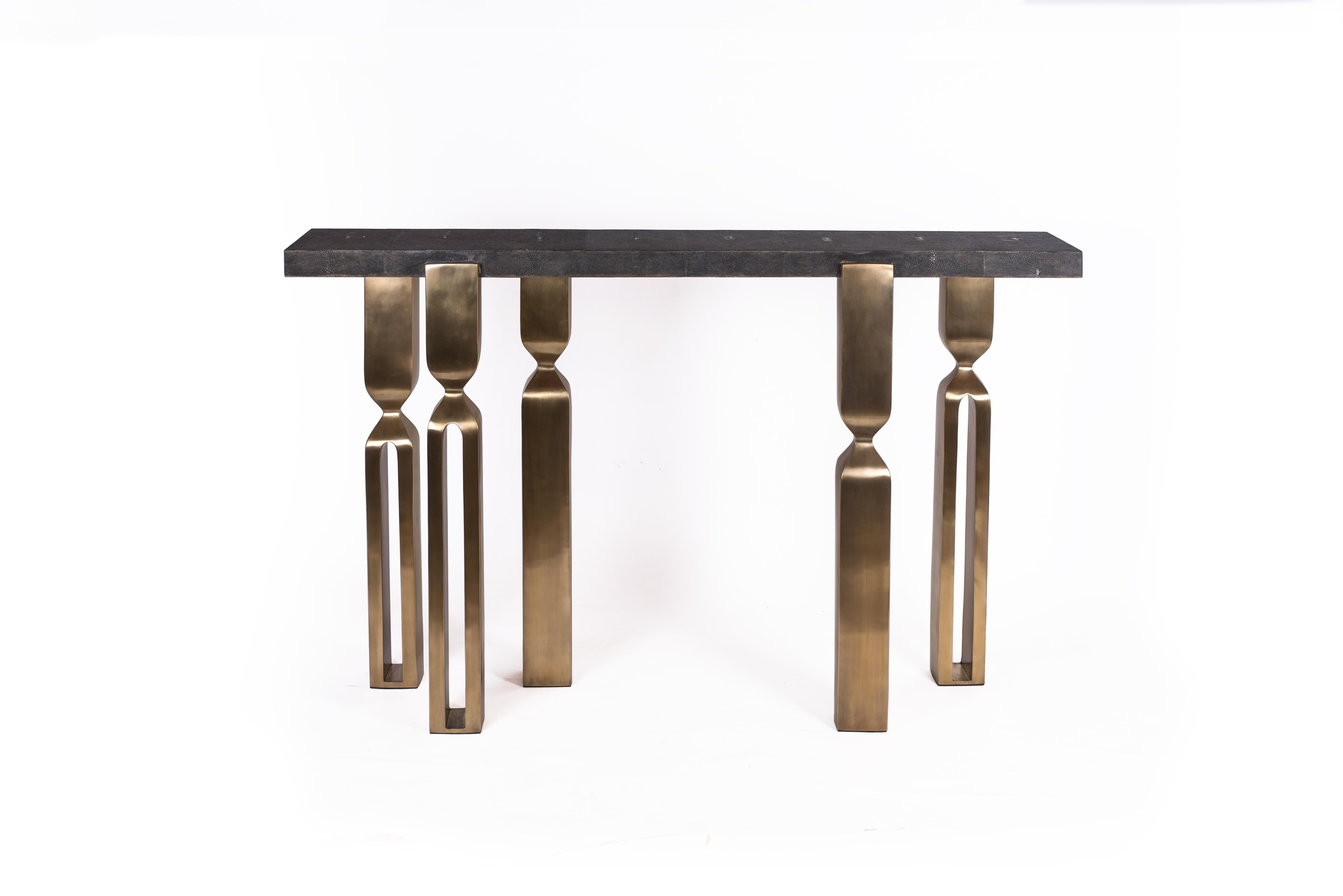 French Console in Coal Black Shagreen and Bronze-Patina Brass by Kifu Paris For Sale