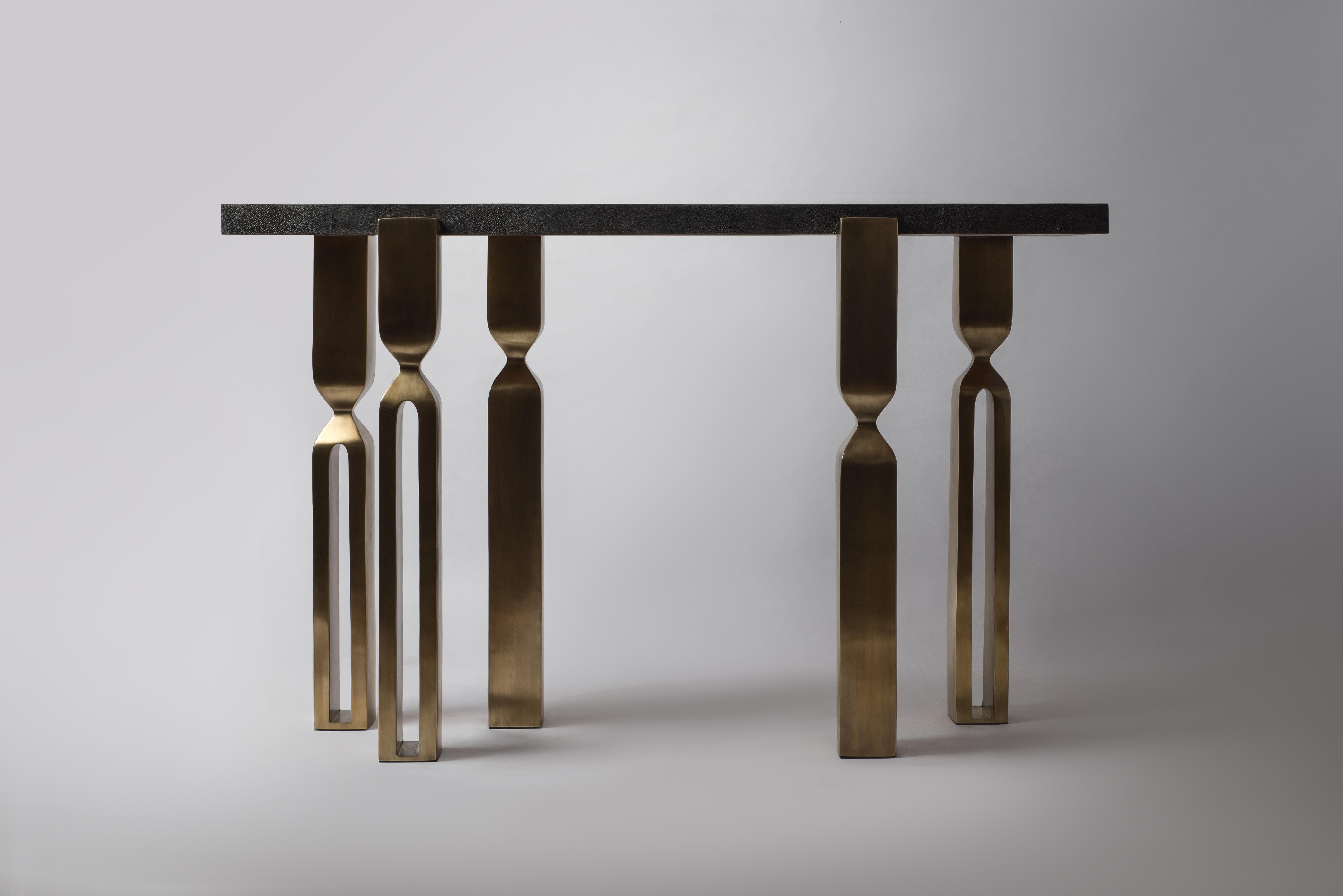Inlay Console in Coal Black Shagreen and Bronze-Patina Brass by Kifu Paris For Sale
