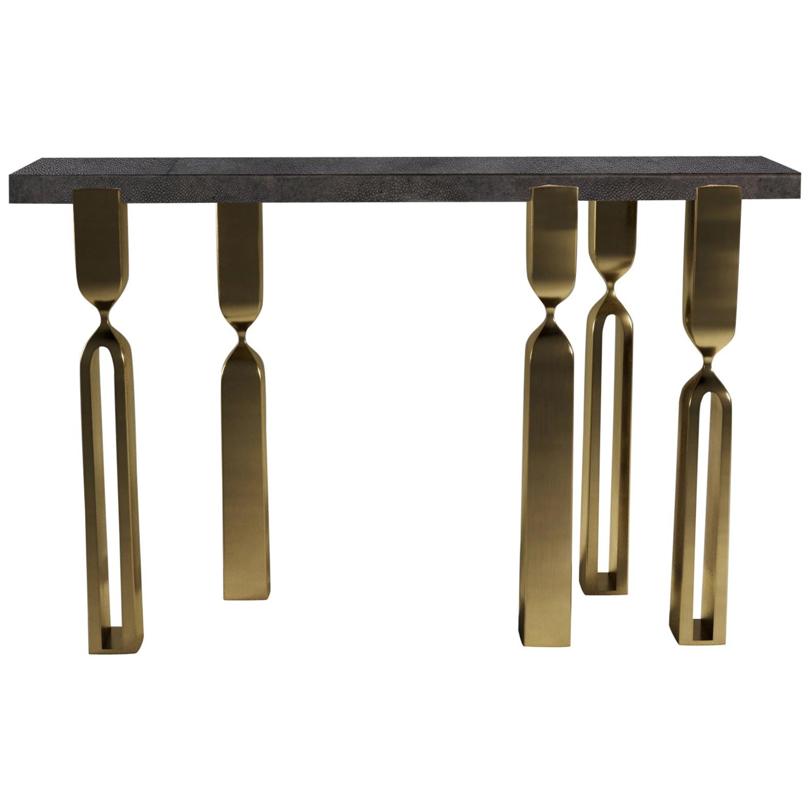 Console in Coal Black Shagreen and Bronze-Patina Brass by Kifu Paris For Sale