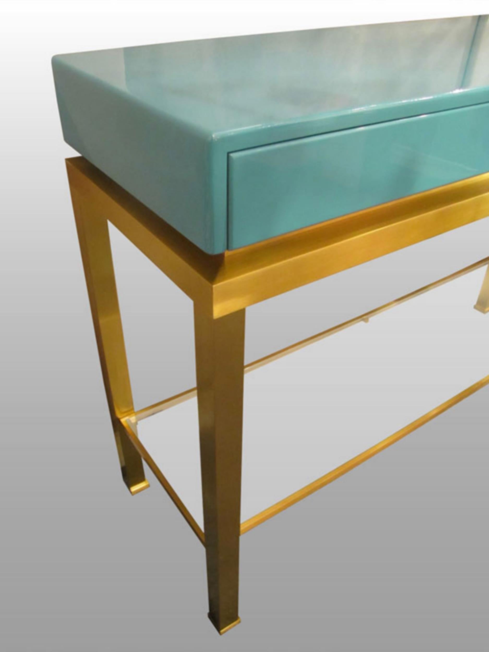 French Console in brass and blue lacquered wood, by G. Lefèvre, Ed. Maison Jansen, 1970 For Sale