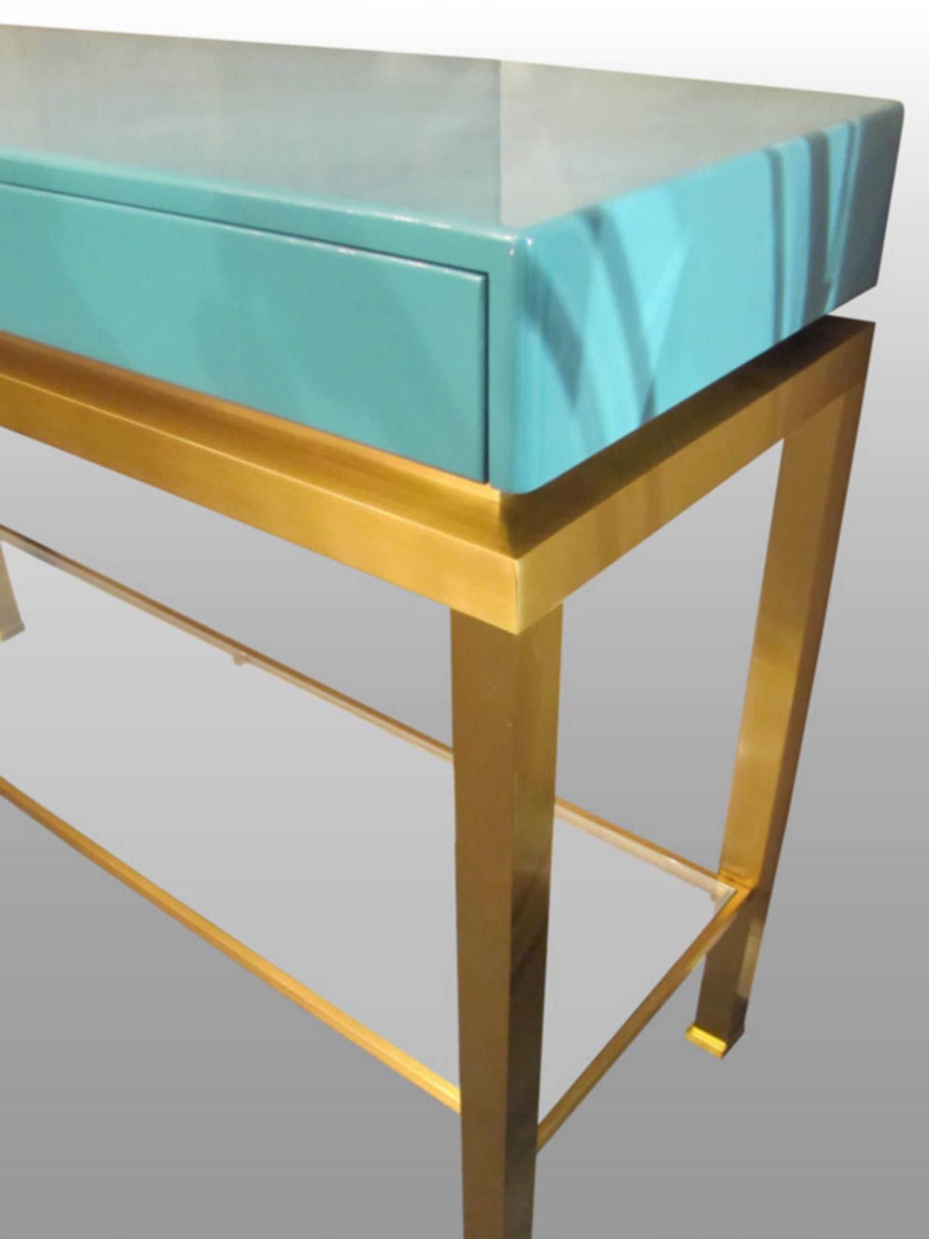 Brushed Console in brass and blue lacquered wood, by G. Lefèvre, Ed. Maison Jansen, 1970 For Sale