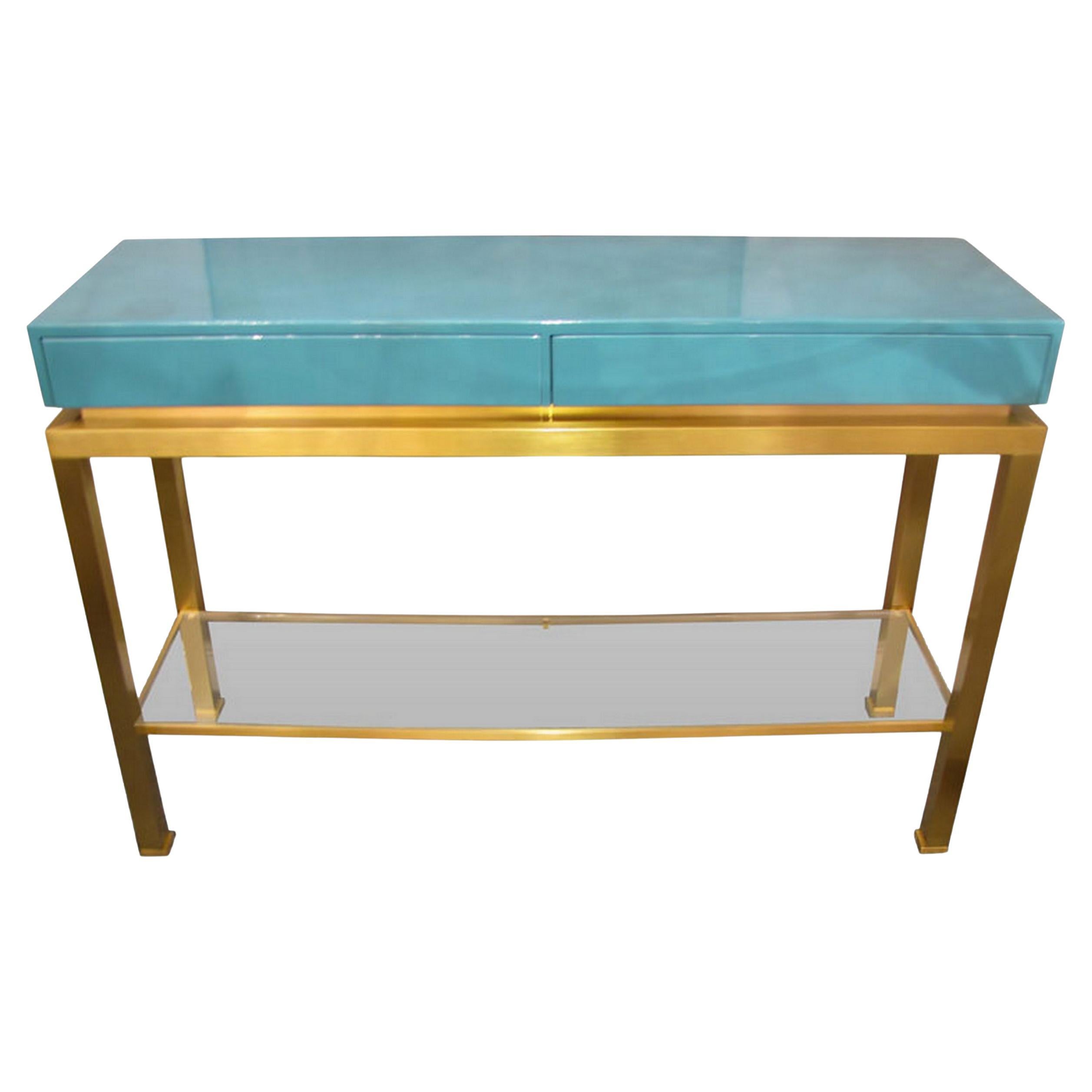 Console in brass and blue lacquered wood, by G. Lefèvre, Ed. Maison Jansen, 1970 For Sale