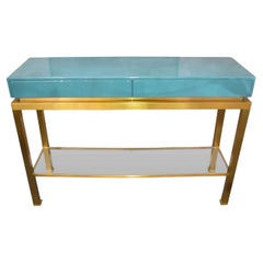 Vintage Console in brass and blue lacquered wood, by G. Lefèvre, Ed. Maison Jansen, 1970