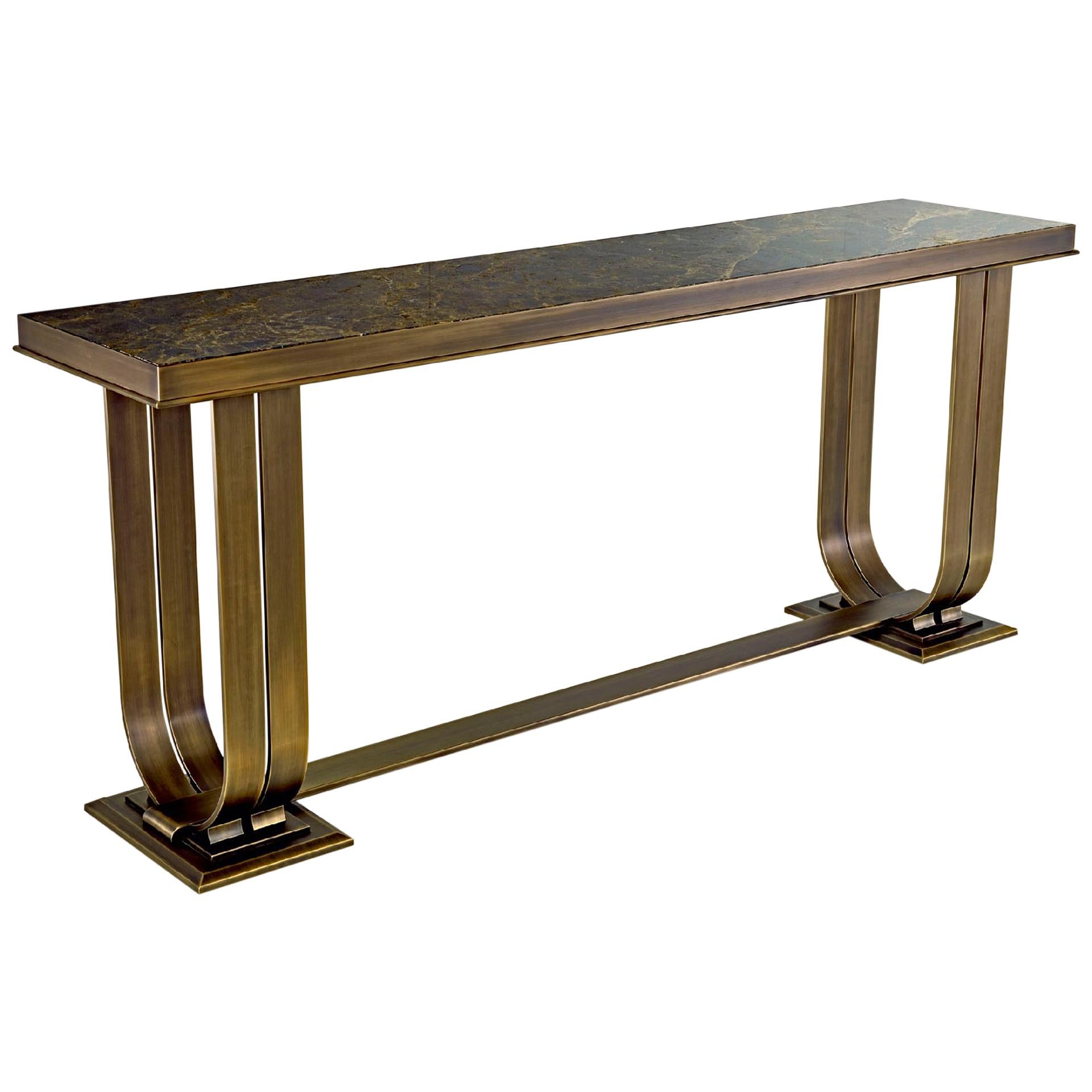 Console In Brozed Brass Top in Black Aziz Marble or Calacatta Gold Marble For Sale