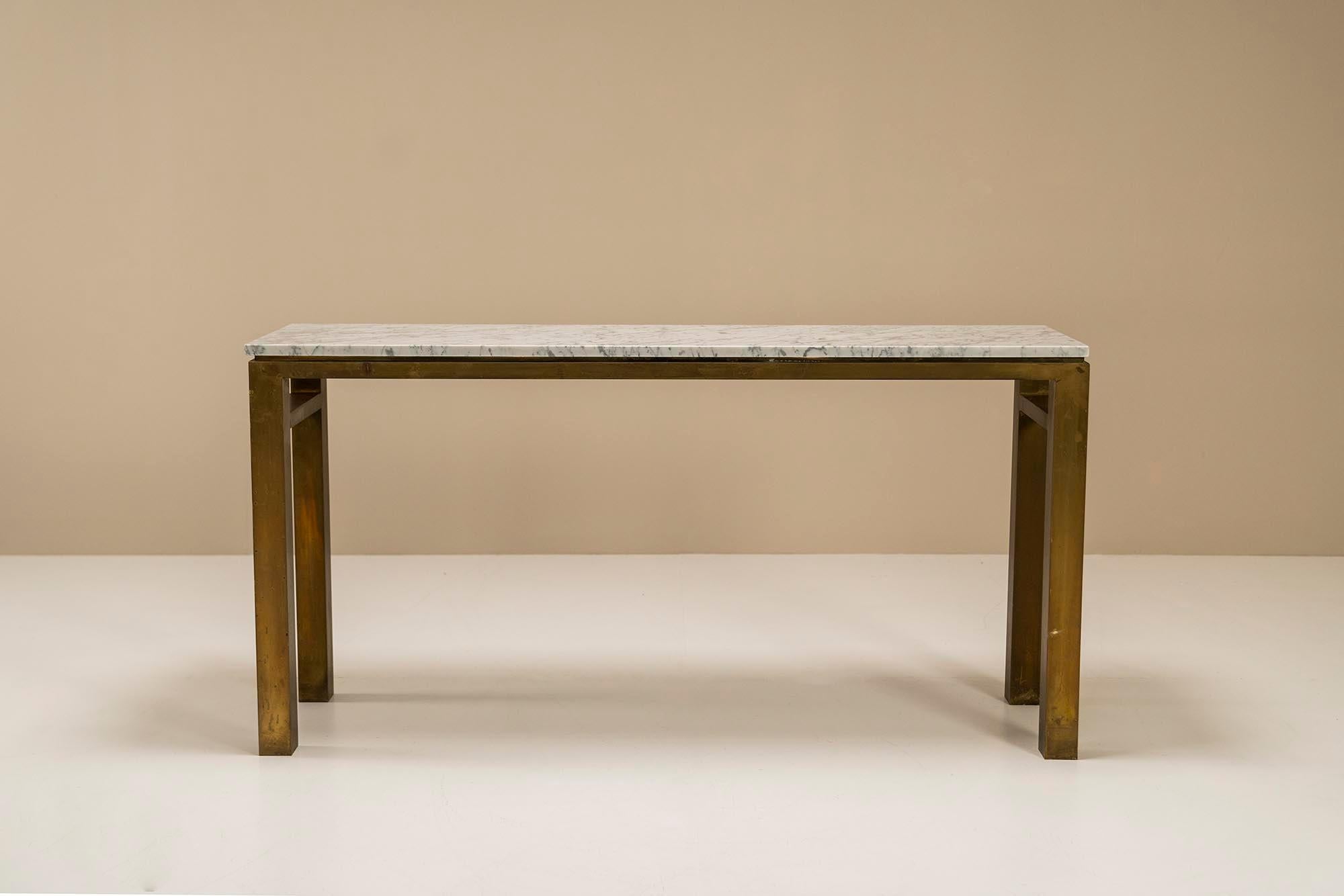Italian Console in Carrara Marble and Patinated Brass, Italy, 1960s For Sale