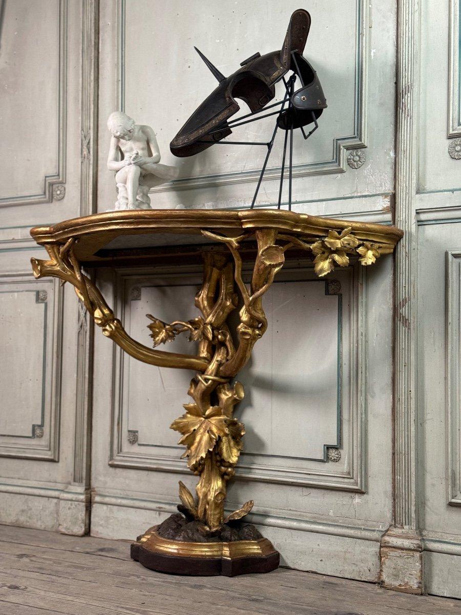 Marble Console In Carved And Gilded Wood In Imitation Of Natural Wood, Italy Circa 1880 For Sale
