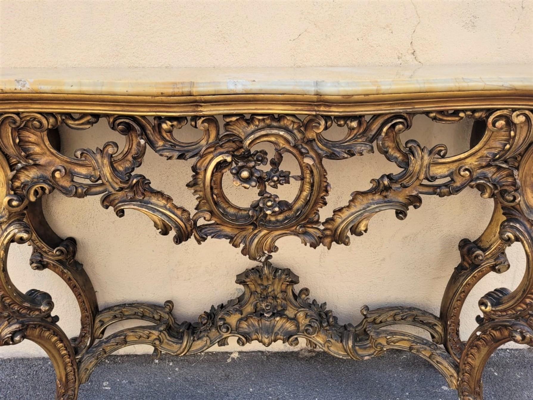 Italian Console in Carved Golden Wood and Marble, Louis XV Style, Xixth Century