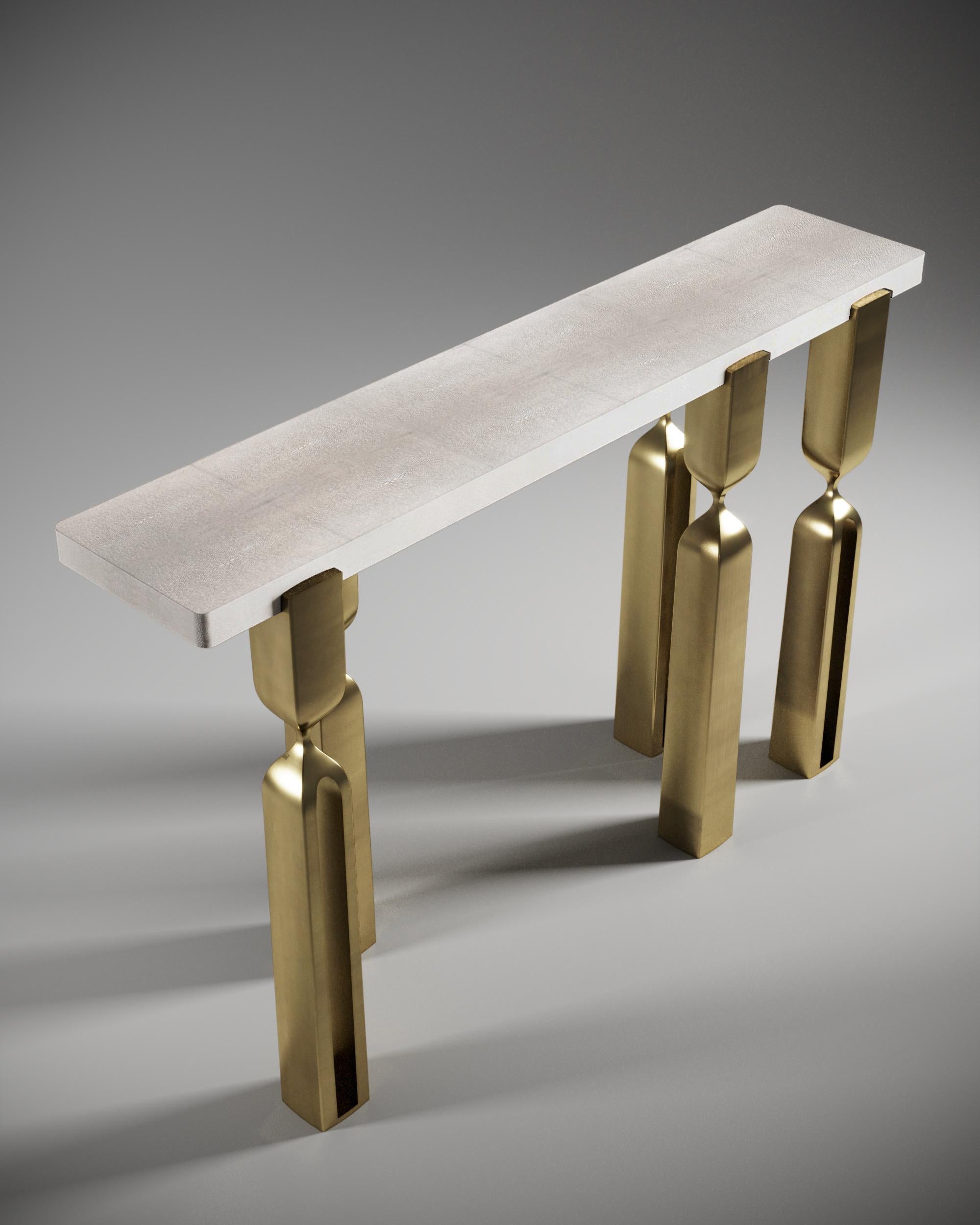 Console in Cream Shagreen and Bronze-Patina Brass by Kifu Paris In New Condition For Sale In New York, NY