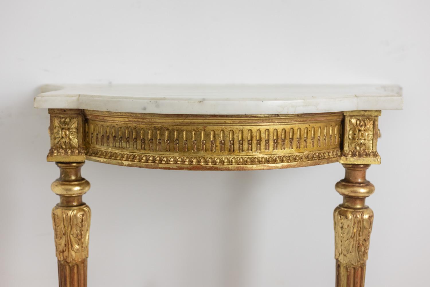 French Console in gilded and carved wood, marble top. Circa 1880. For Sale