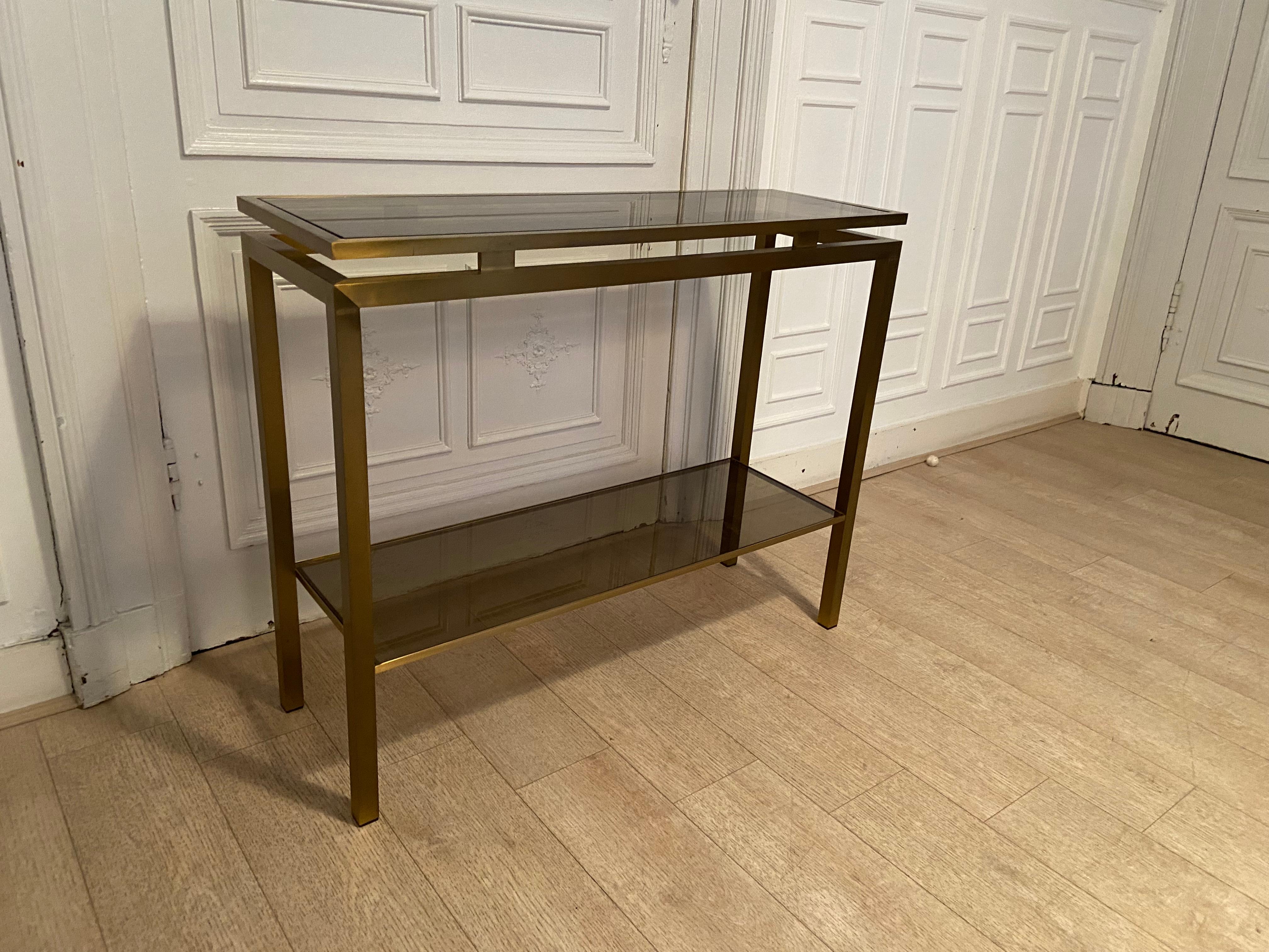 European Console in Gilded Metal and Smoked Glass, 1970s