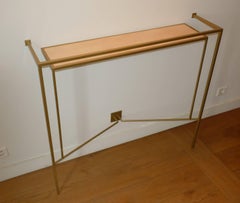 Console in Gold, Bronze Brass Patina with One Sycamore Shelve by Aymeric Lefort