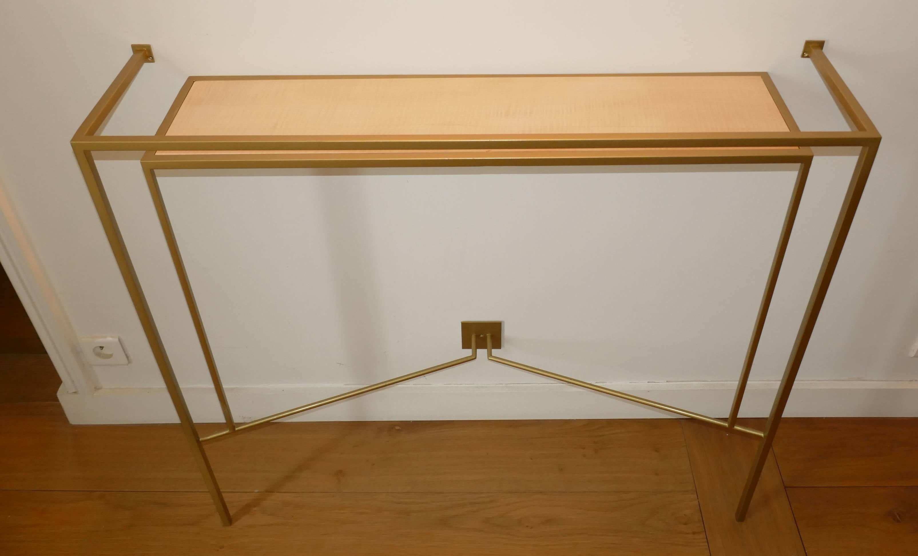 Metal Console in Gold, Bronze Brass Patina with One Sycamore Shelve by Aymeric Lefort For Sale